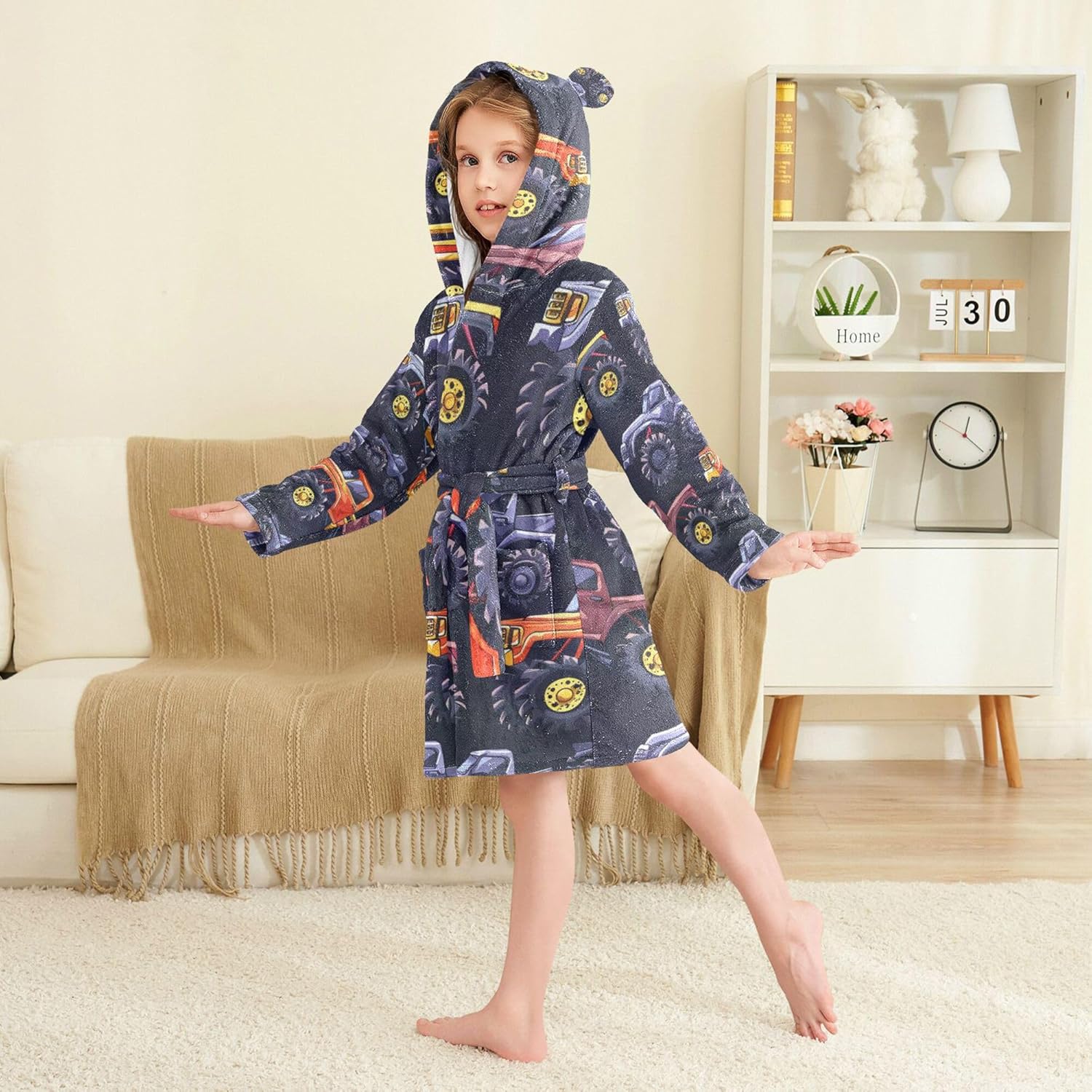 Monster Truck Cars Blue Bathrobe Hooded PJ Robe Soft Fleece Robe Pajama Sleepwears 2-12 Years