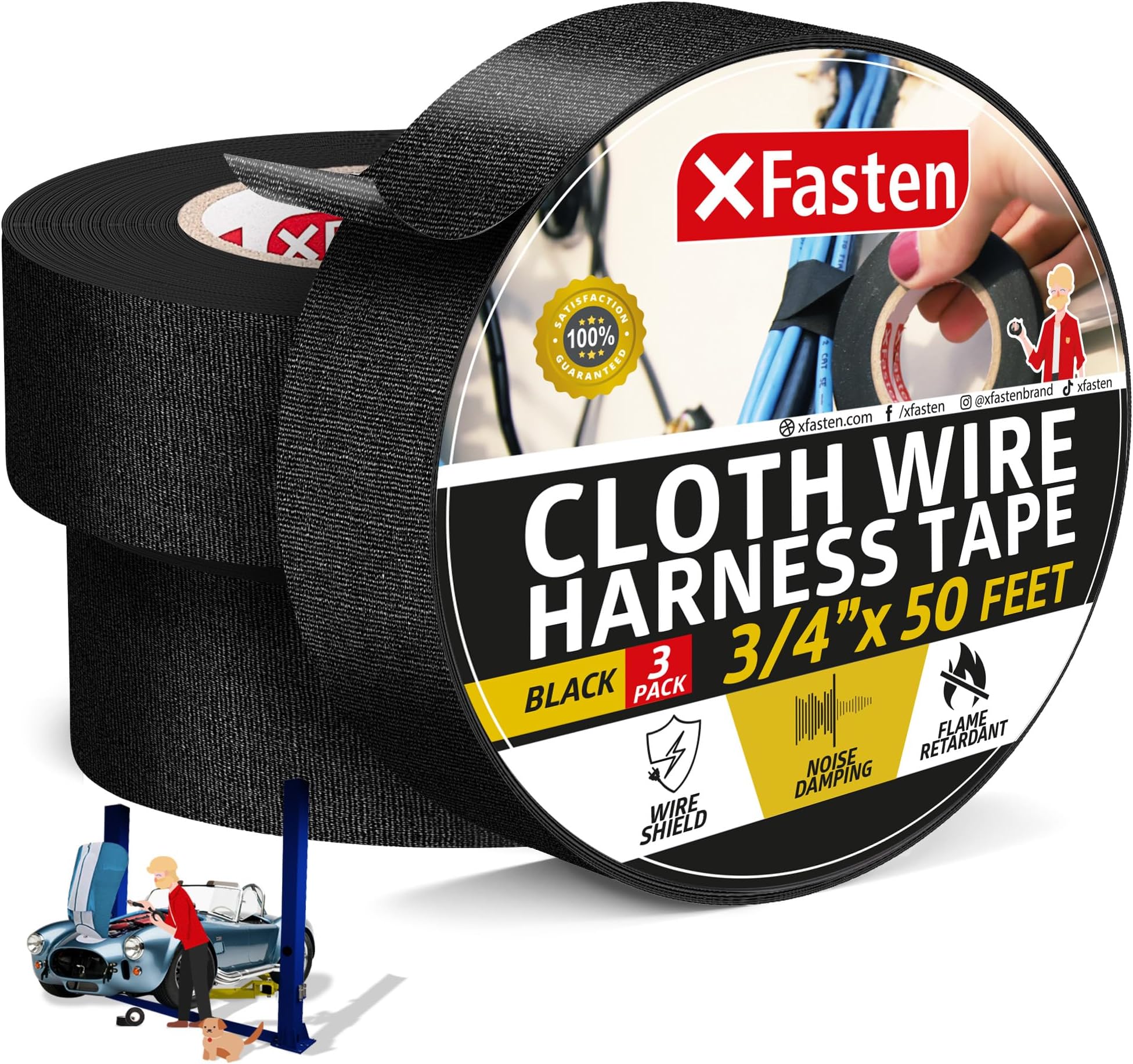 Wire Harness Tape, 3/4-Inch by 50-Foot (3-Pack), High Temp Wiring Loom Harness Self-Adhesive Felt Cloth Electrical Tape for Automotive Engine and Electrical Wiring