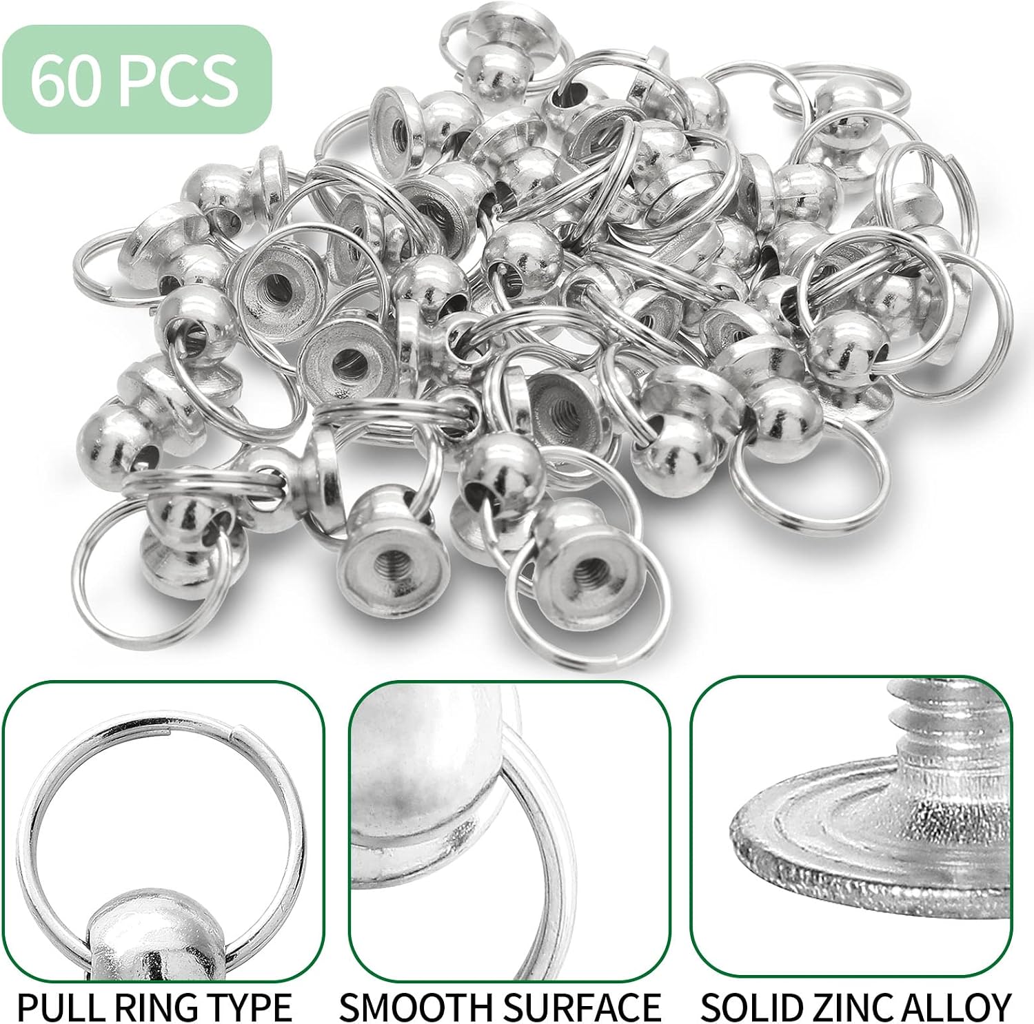 LifCratms 60Pcs Screwback Round Head Rivet 8mm, Silver Pull Ring Rivet DIY Accessory Screw Rivets for Leather Craft Purse Phone Case Handbag Clothes