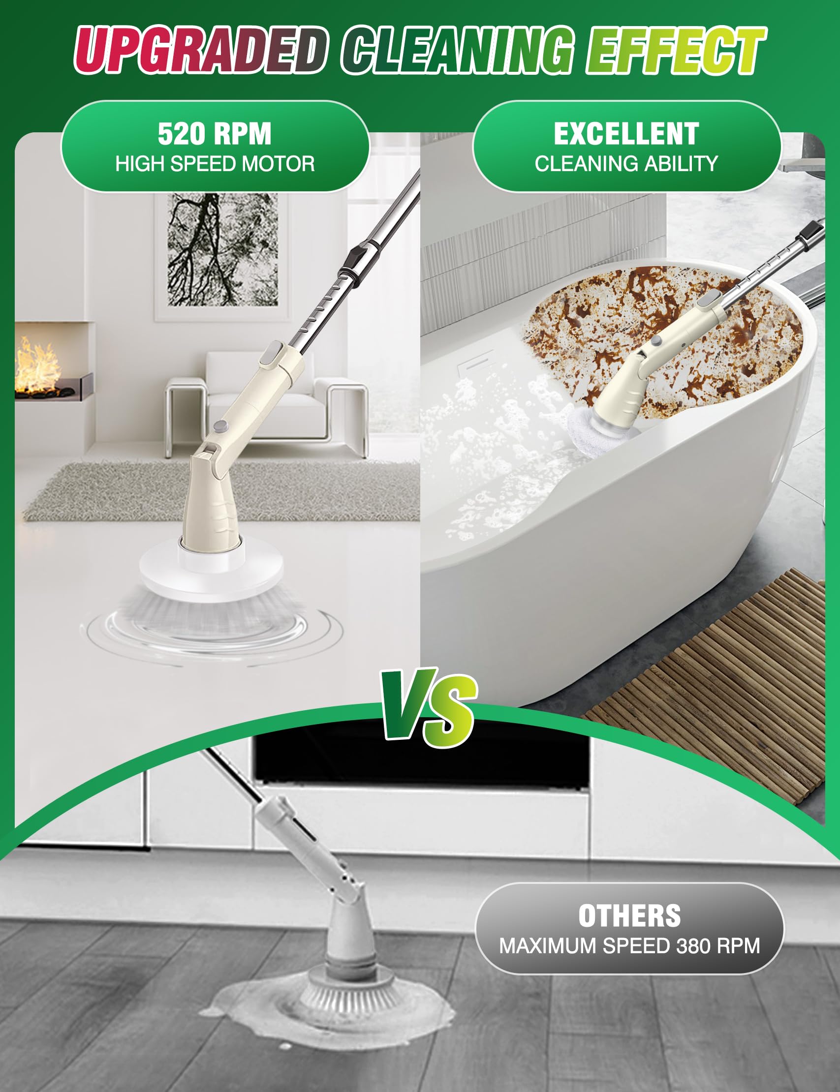 Electric Spin Scrubber 520 RPM Cleaning Brush with 6 Replaceable Brush Heads and Adjustable Long Handle Power Shower Scrubber for Bathroom Swimming Pool Tub Grout Floor Window Gap Sink Tile (Orange)