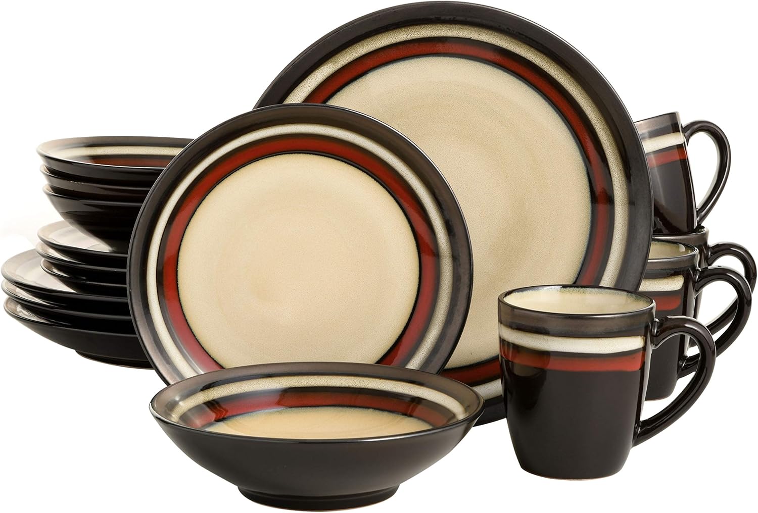 Get Popular Offer Gibson Elite Lewisville Round Reactive Glaze Stoneware Dinnerware Set, Service for 4 (16pcs), Cream/Red