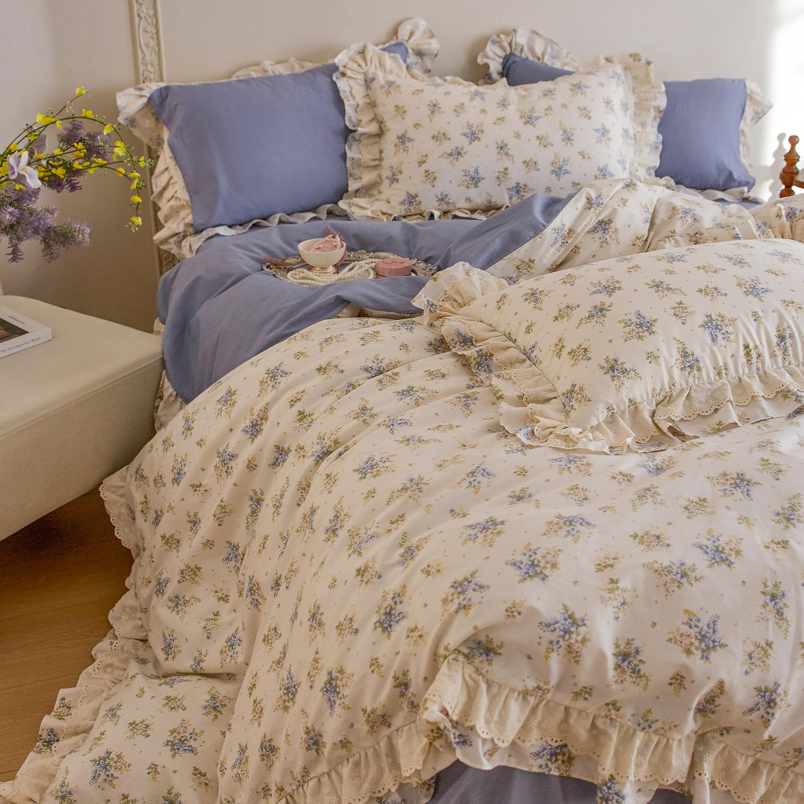 Vintage Floral Duvet Cover Set Queen Size, 100% Cotton Botanical Flower Bedding Set with Ruffle Lace, Cottagecore Style Girls Princess Duvet Cover, Aesthetic Romantic Ruffle Comforter Cover Queen — image 1