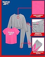 Vista 2 de Reebok Conjunto de leggings para niñas activas 3 piezas atléticas de cuello redondo de manga corta, sudadera y pantalones de leggings para niñas