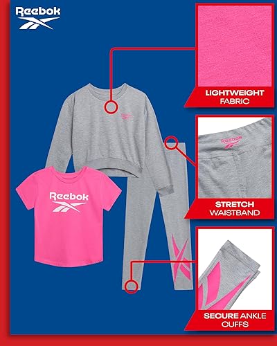 Miniatura 2 de Reebok Conjunto de leggings para niñas activas 3 piezas atléticas de cuello redondo de manga corta, sudadera y pantalones de leggings para niñas