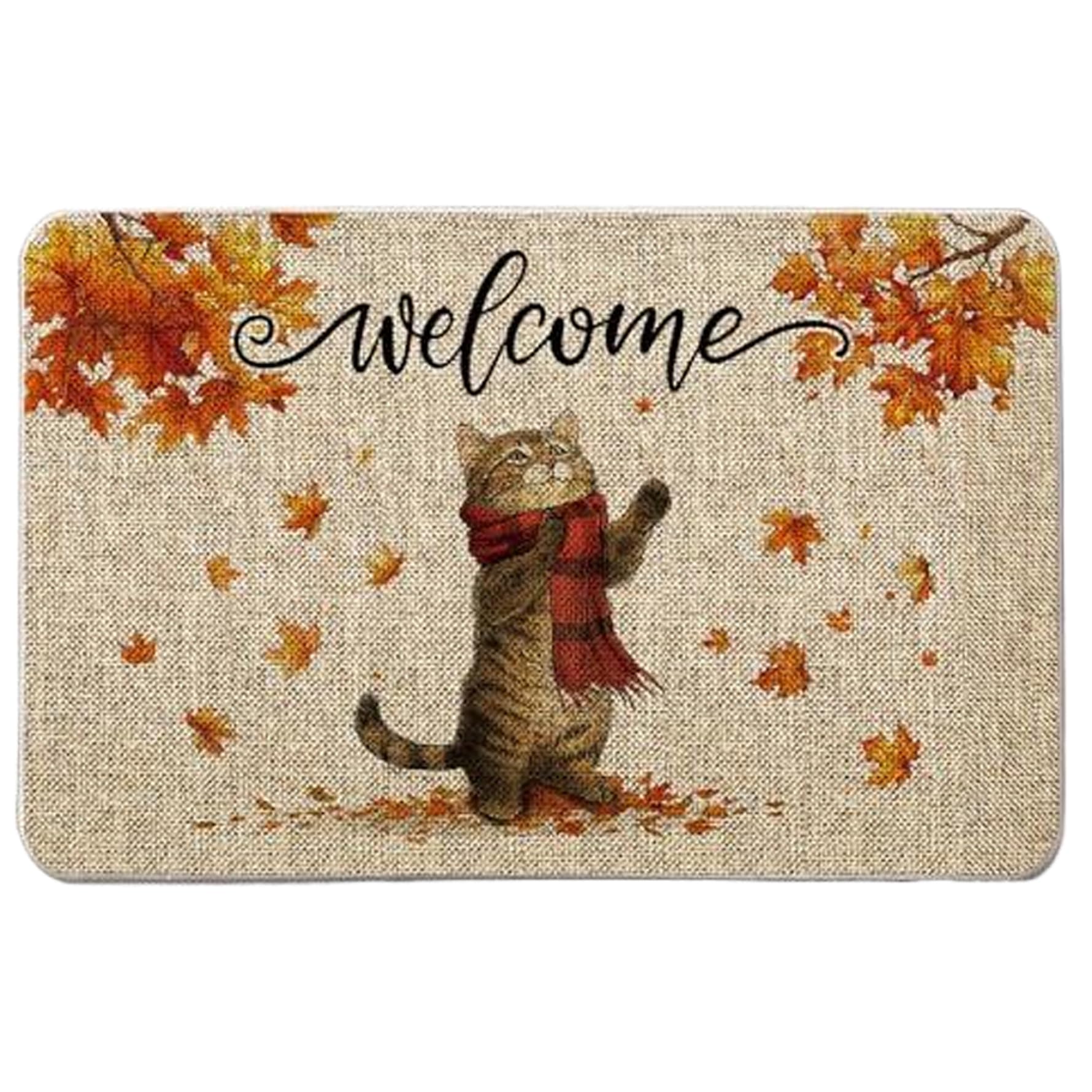 Felpudo de otoño decorativo con un tierno gato para un hogar cálido en Acción de Gracias