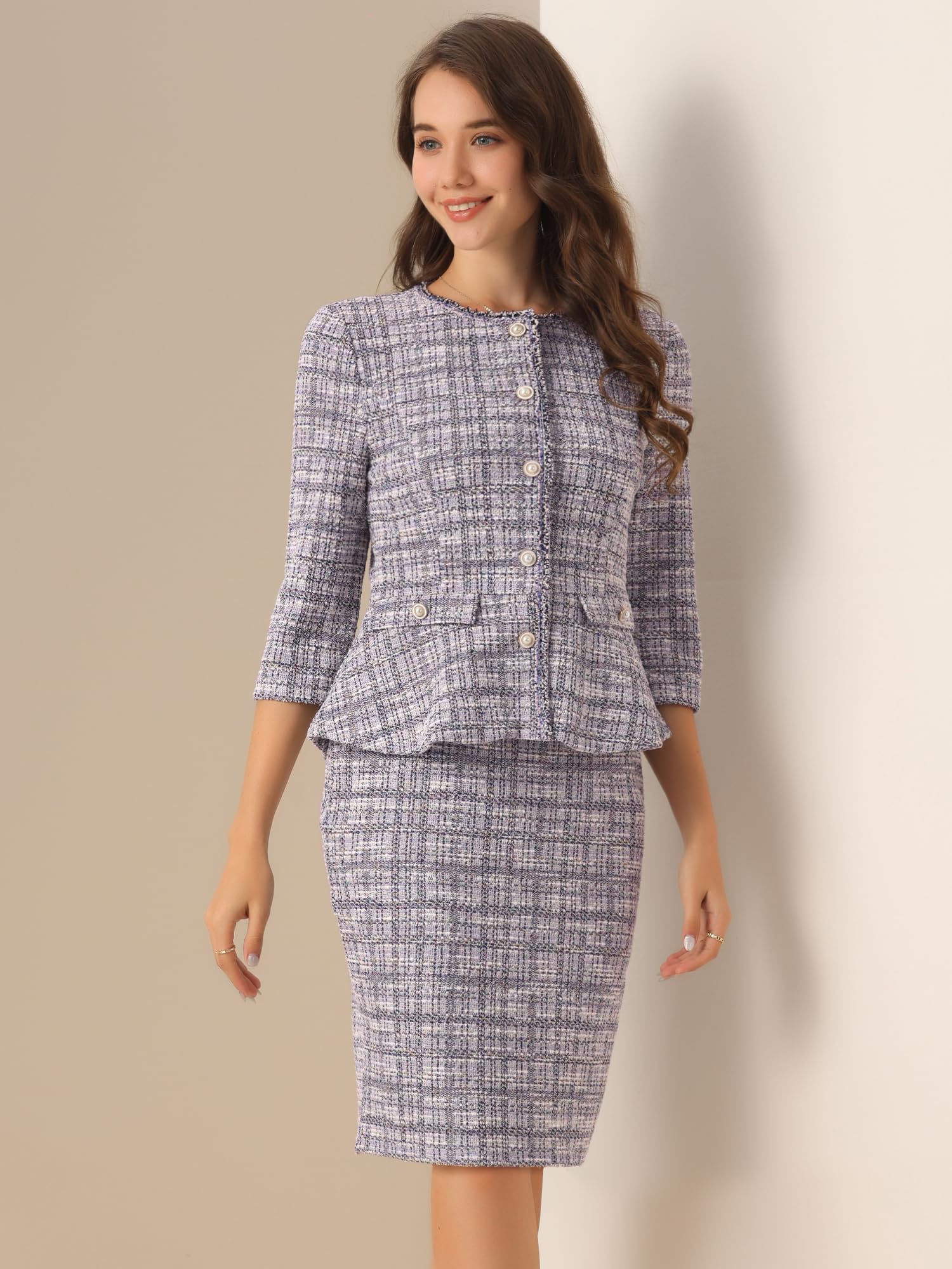 Allegra K Completo da Donna in Tweed Tailleur Gonna 2 Pezzi Giacca Cardigan con Maniche a 3/4 e Bottoni Gonna a Tubino Elegante