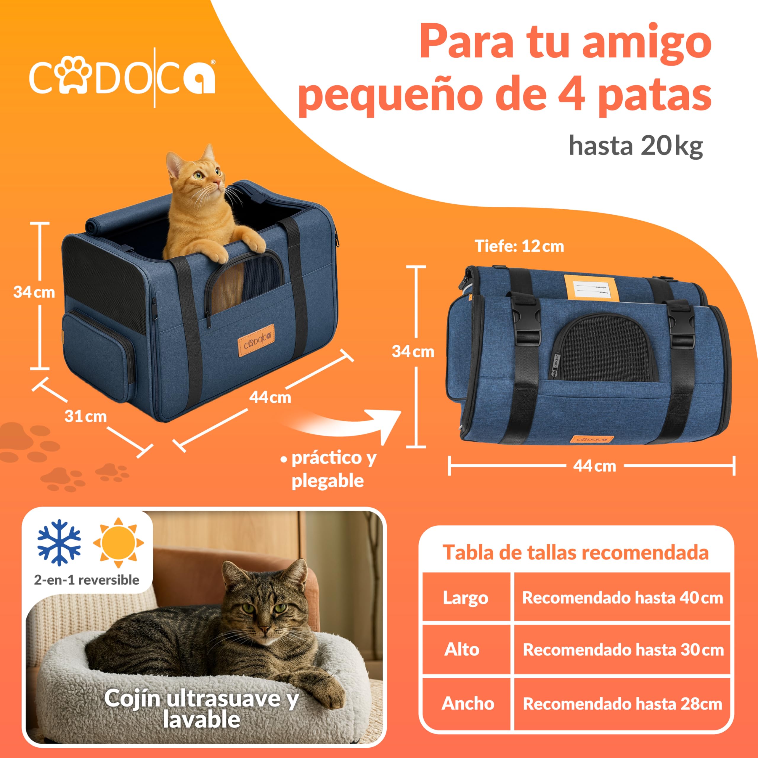 CADOCA® Transportín Perros Gatos Plegable Bolsa Transporte Mascotas Cojín Comedero Bandas Reflectantes Compacto Ligero Viajes Coche Tren Azul