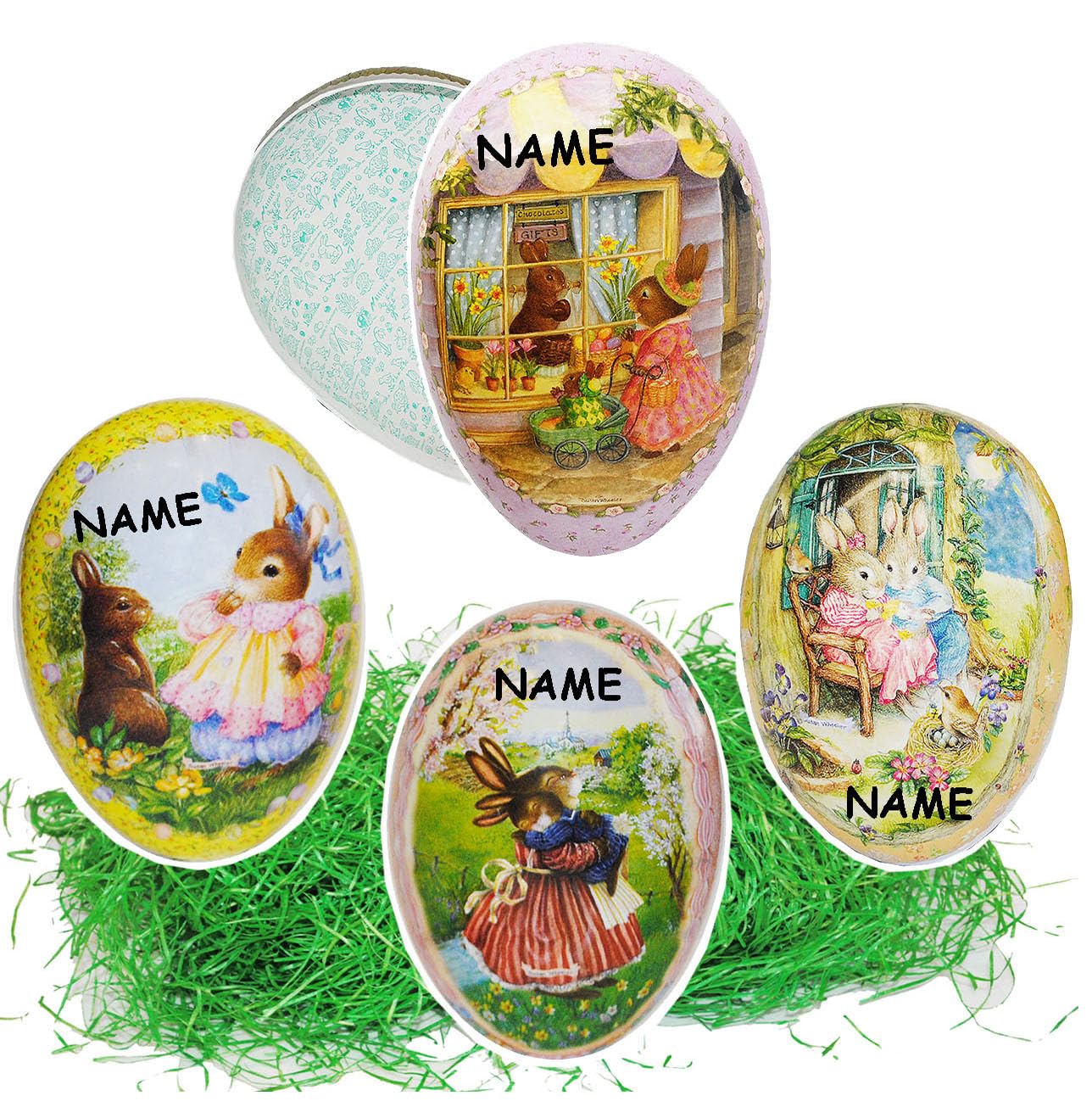 alles-meine.de GmbH Set Ostergras & 3 Stück Füll - Pappeier - 25 cm - Holly Pond Hill - süße Hasen - Osterei/Ei zum befüllen - Deko Pappe Papp Pappeier Dekoei Papposterei..