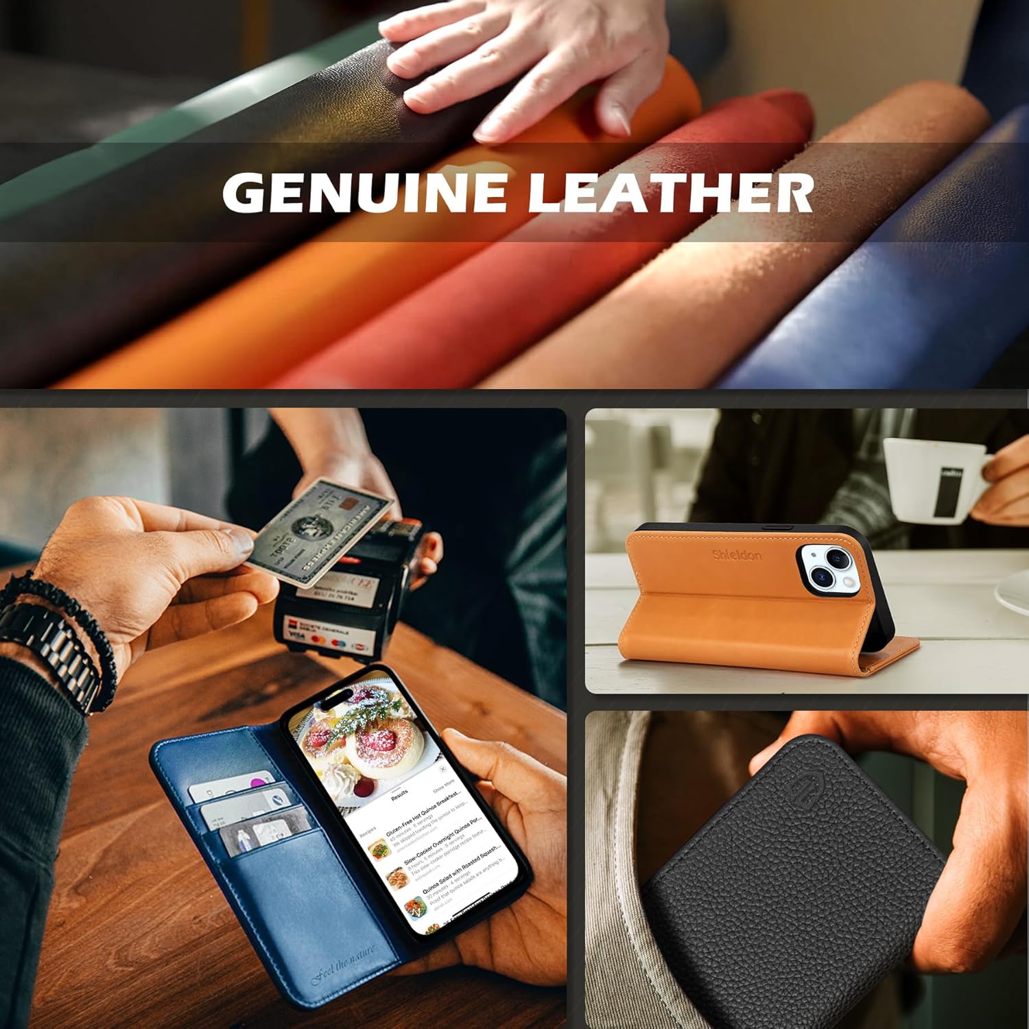 SHIELDON Case for iPhone 15 2023, Genuine Leather Wallet Book Case Magnetic RFID Blocking Credit Card Holder Kickstand Shock Absorbing Cover Compatible with iPhone 15 6.1" - Retro Brown - Image 9