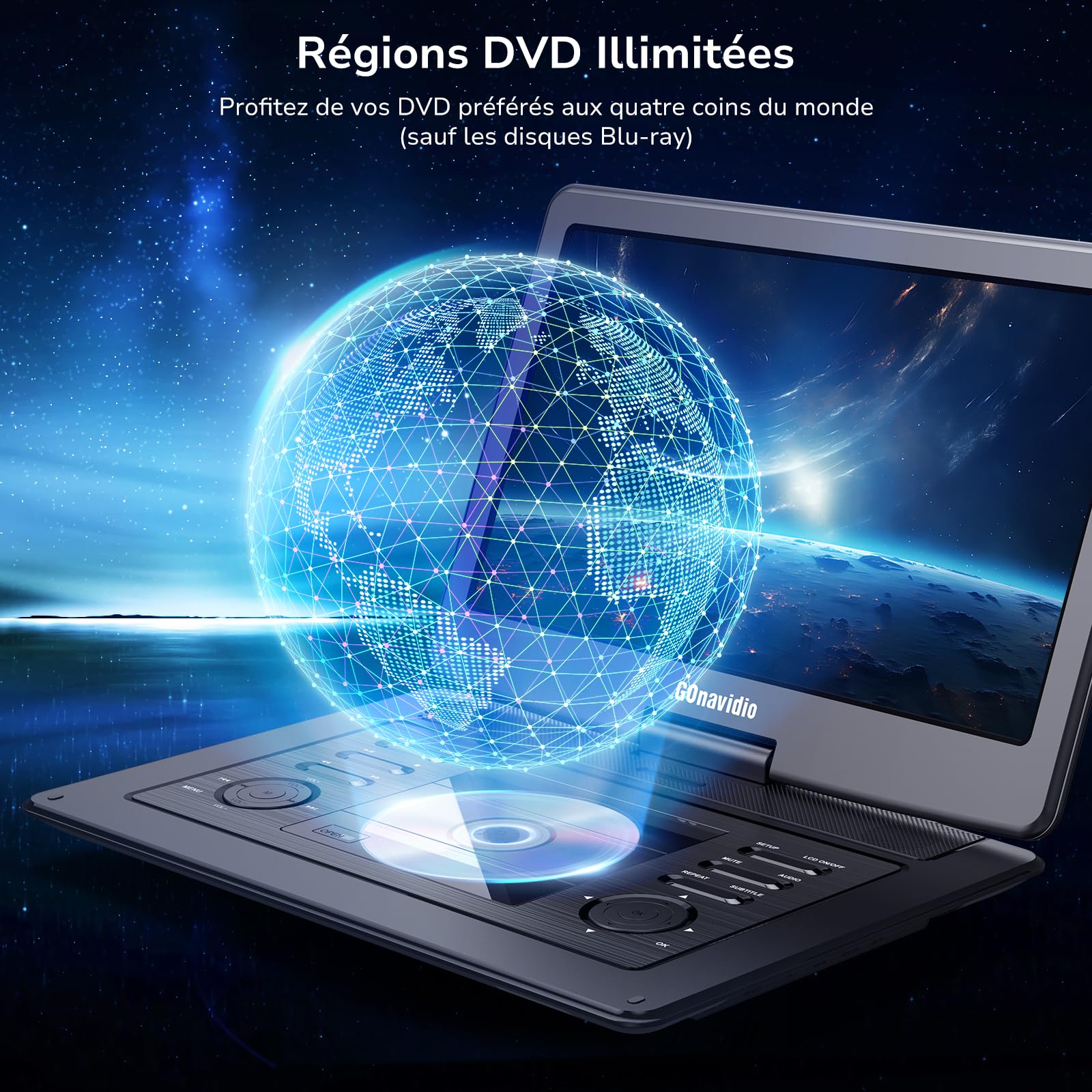 Lecteur DVD Portable 17.5" GOnavidio avec HDMI in, Batterie 6 Heures, AV in, USB/TF pour Enfant