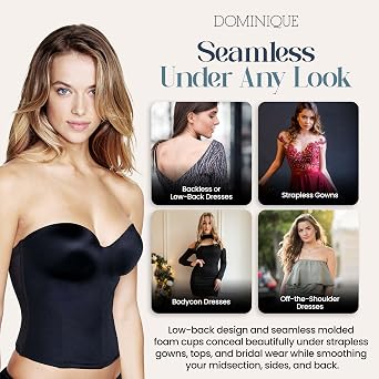 Dominique Womens Ariel 8541 Longline Strapless Bra Low Back, Hidden Underwire, Convertible Lingerie for Women