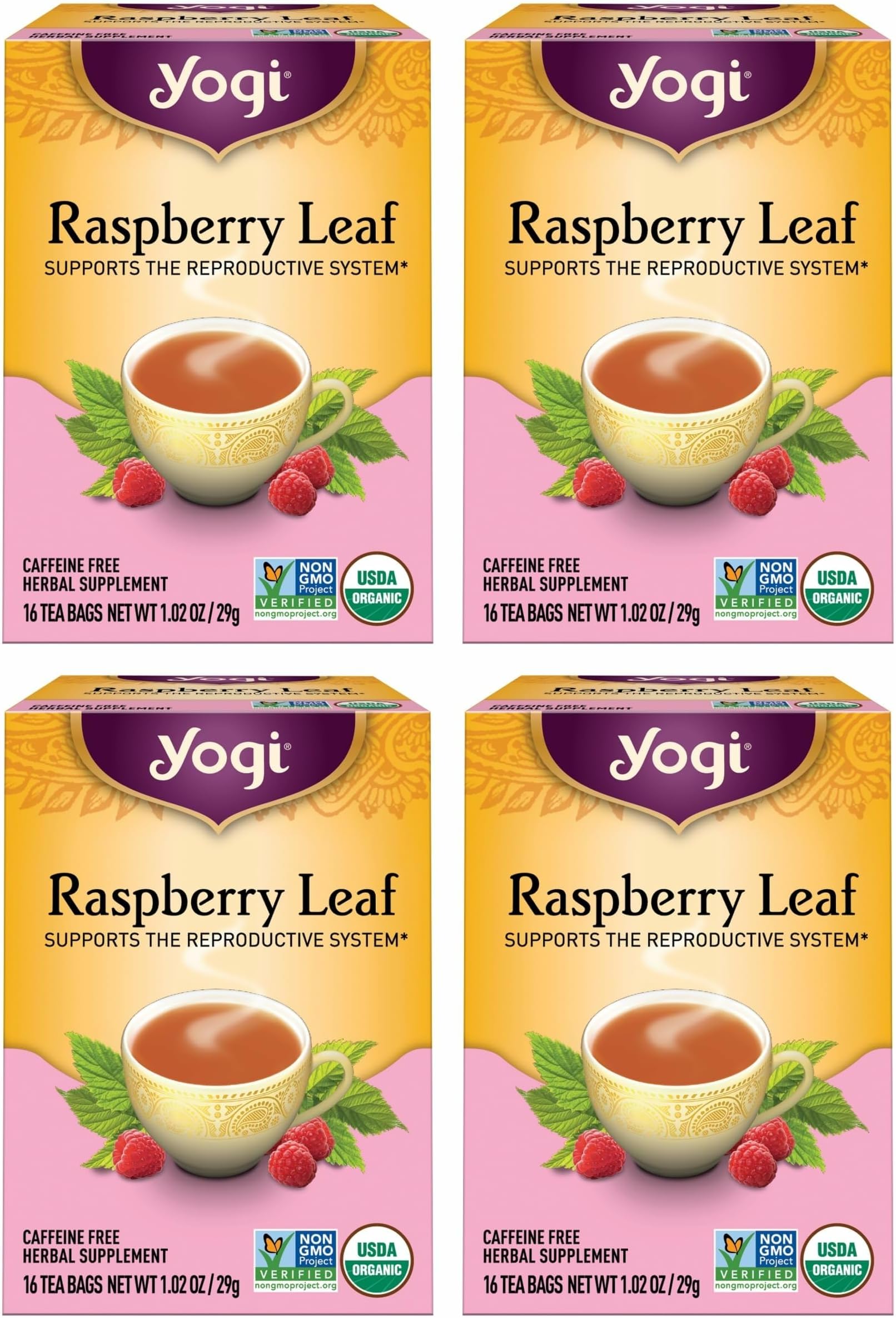 Yogi Tea Raspberry Leaf Tea - 16 Bags per Pack (4 Packs) - Caffeine-Free, Organic Raspberry Leaf - Aids Discomfort of Menstruation - Made from Organic Raspberry Leaves