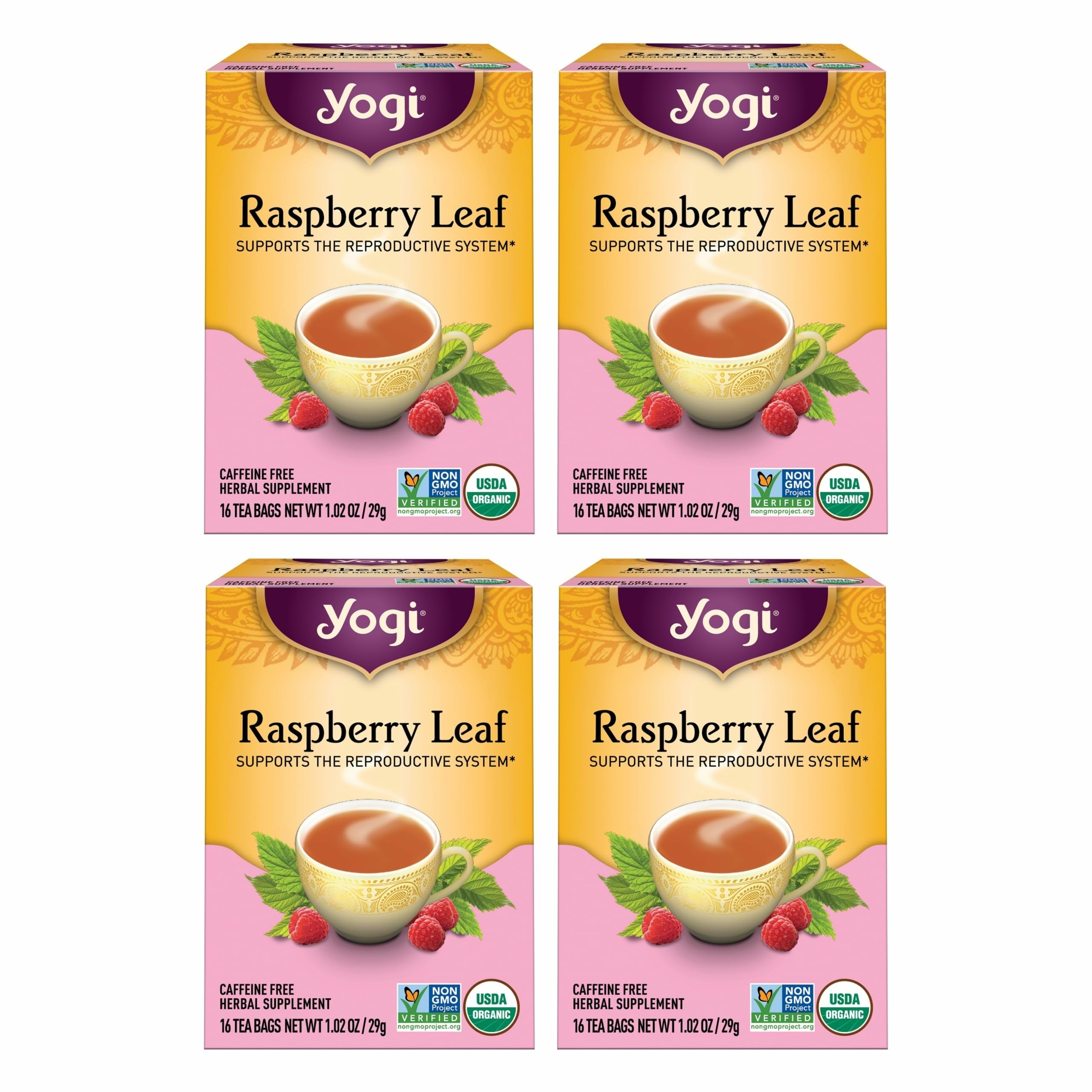 Tea Raspberry Leaf Tea - 16 Bags per Pack (4 Packs) - Caffeine-Free, Organic Raspberry Leaf - Aids Discomfort of Menstruation - Made from Organic Raspberry Leaves