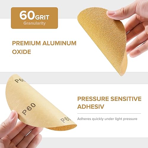 Miniatura 4 de 100 discos de lija PSA dorados de 6 pulgadas, grano 60, papel de lija autoadhesivo para lijadora DA para pintura automotriz, pintura de automóvil