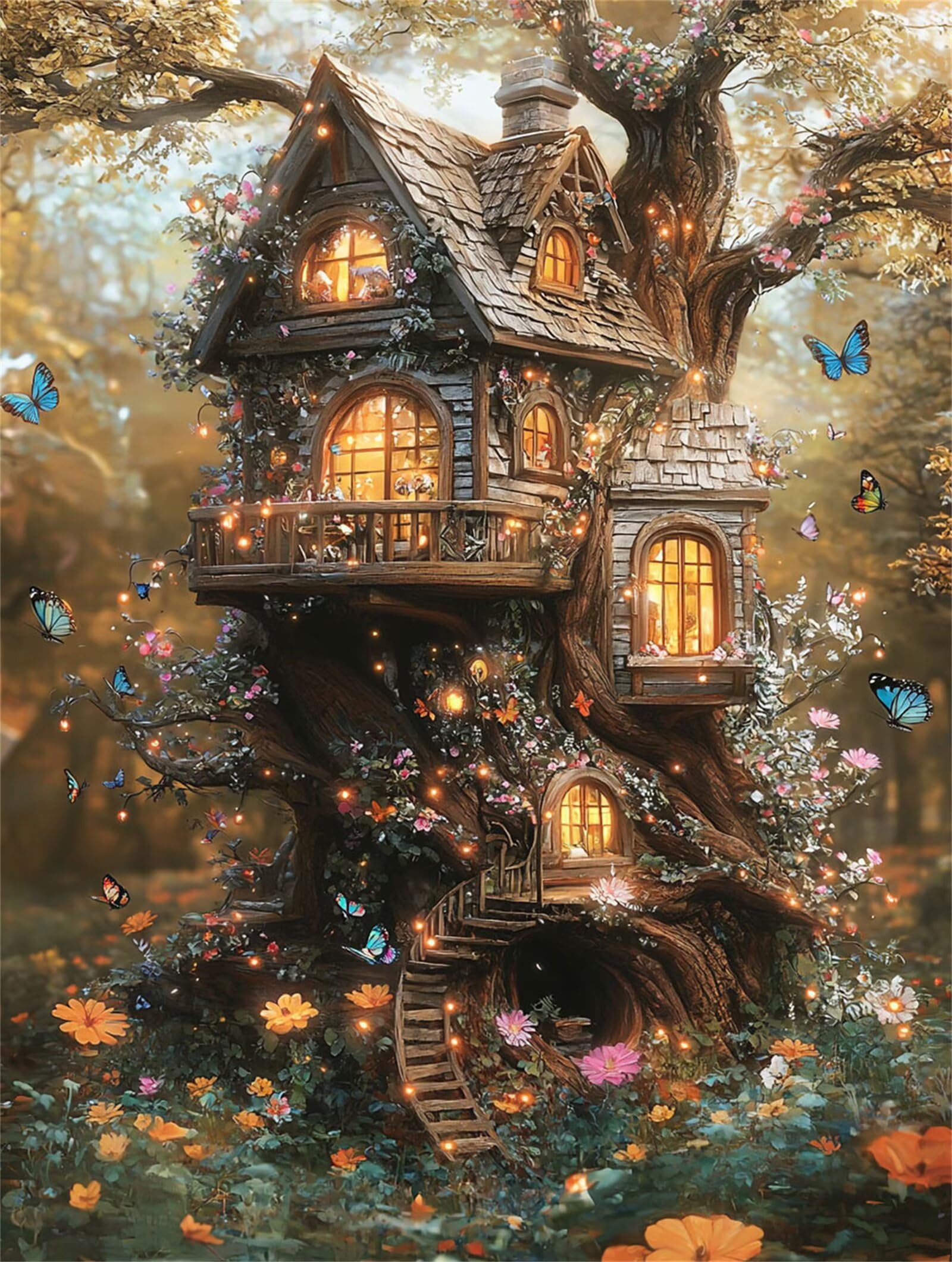 Malen Nach Zahlen Baumhaus Landschaft, Kreatives für Erwachsene, DIY Malset für Erwachsene mit 3- Pinseln, Originelle Geschenkidee Frauen & Männer, Deko Wohnzimmer Ohne Rahmen 80x100cm m5g-915