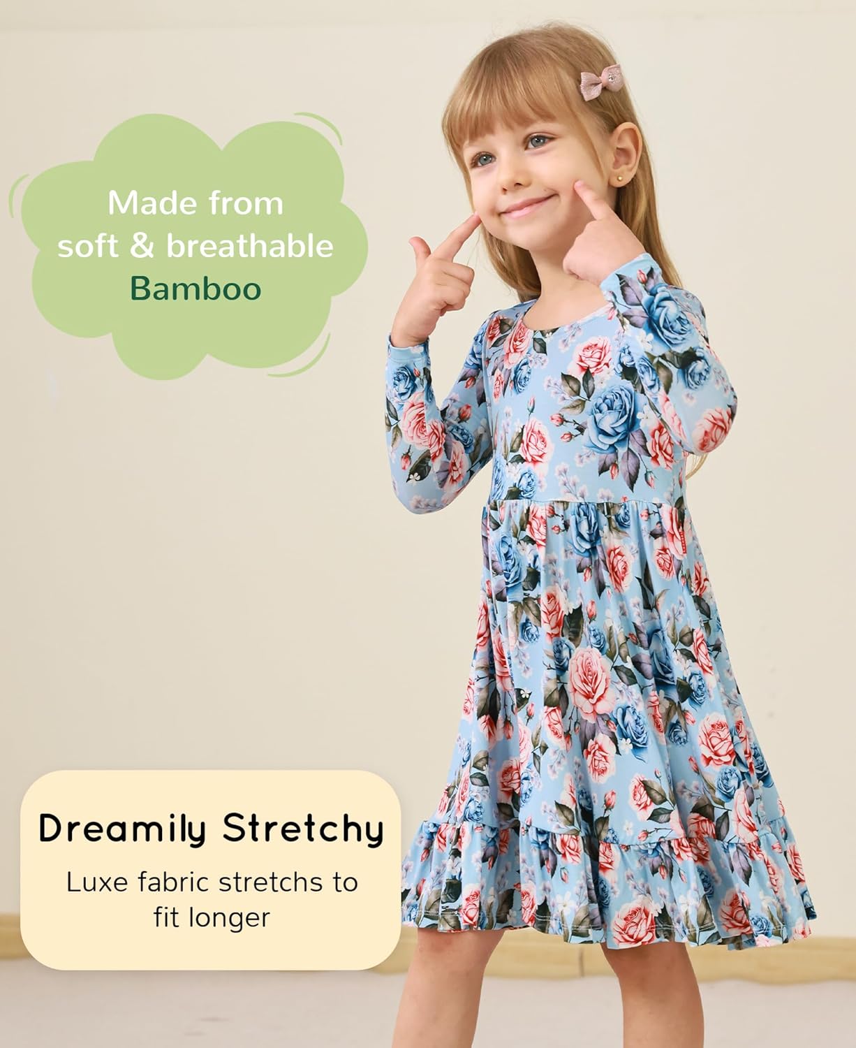 Toddler Girl Long Sleeve Dress 2T-5T, Soft Bamboo Viscose Backless A-Line Fall Clothes Twirl Dress - Image 2