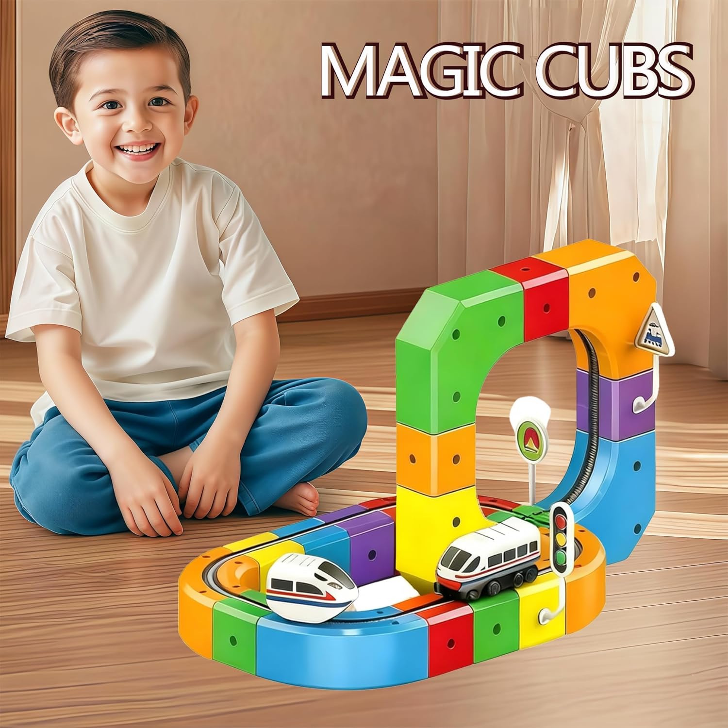 51PCS 3D Building Cube Track – Magical Track Train USB Rechargeable, DIY Race Car Track Building Kits with Signs,Rail Cube Magnetic Monorail, STEM Educational Toy for Ages 4-8 Boys Girls(1 Train)