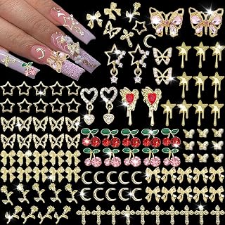 110 PCS Nail Charms Cross Nail Art Charms 3D Bow Star Heart Cherry Nail Gems Butterfly Nail Rhinestone for Nails for Women Nail DIY Design
