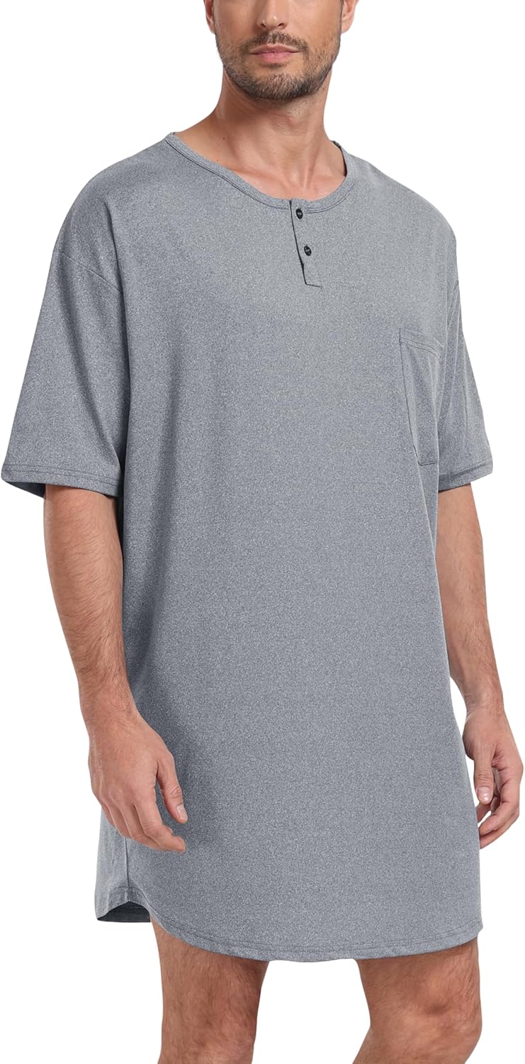 MoFiz Men's Nightshirt Soft Pajamas V Neck Short Sleeve Nightgown Loose Sleepwear Nightwear Comfy Sleep Shirt S-3XL - Image 2