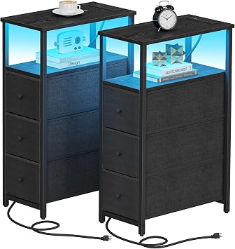 TUTOTAK Narrow LED Night Stand with Charging Station, Slim End Table | Tall Side Table with 3 Fabric Drawer, Small Bedside Table with Storage, Set of 2, for Living Room, Black TB01BK073L
