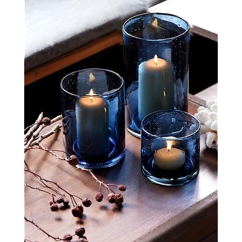 Blue Candle Holder, Glass Cylinder 8" 5" 3.5" Height Set 3 | Pillar Tealights, Modern Bubbles Glass, Hurricane Cylinder Vases, Indoor and Outdoor Use
