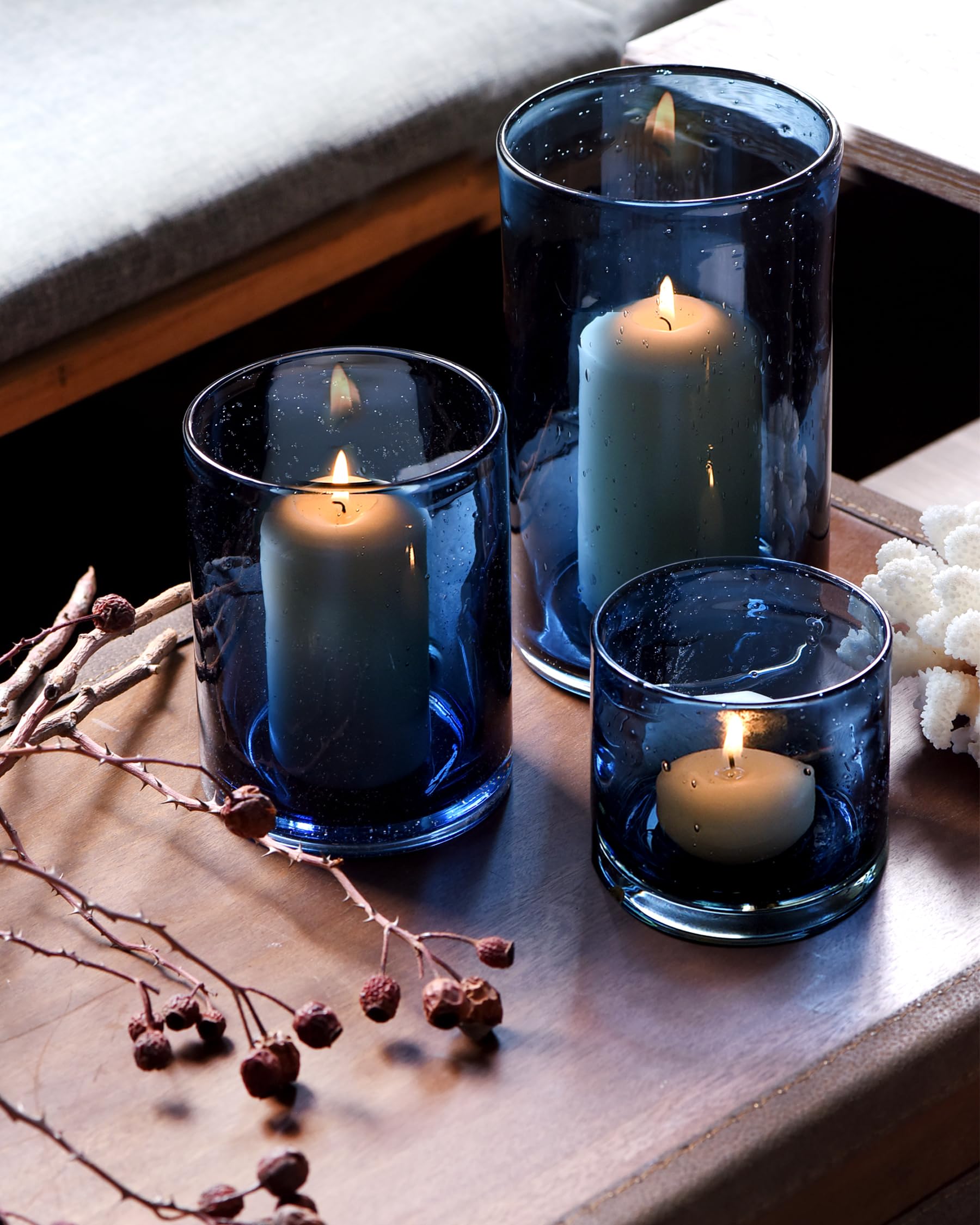 Photo 1 of ARIAMOTION Blue Candle Holder, 8" 5" 3.5" Height Set 3