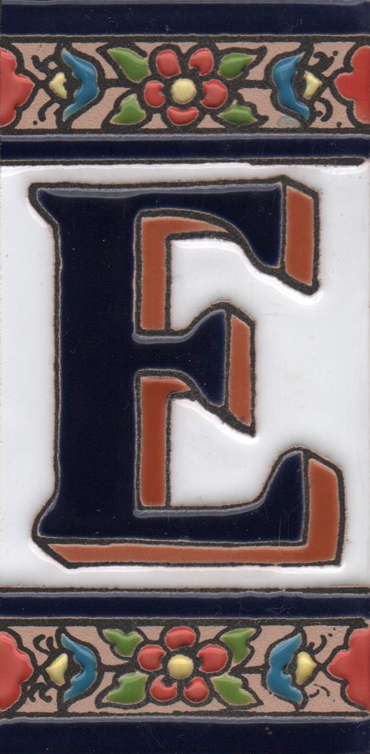 House Numbers Ceramic Numbers & Letters Tiles Red Blue & Green Floral Design Tile Size: 11cm x 5.5cm (Letter E)