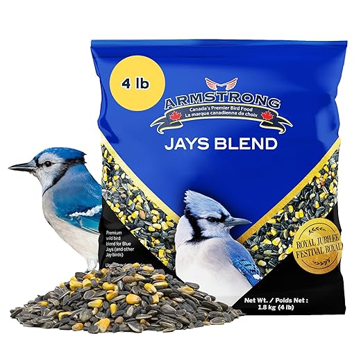 Armstrong Wild Bird Food Royal Jubilee Jays Blend, 4 Pounds - with Whole Corn, Striped Sunflower, Black Oil Sunflower and Peanuts for Blue Jays - Ideal for Outside Feeders