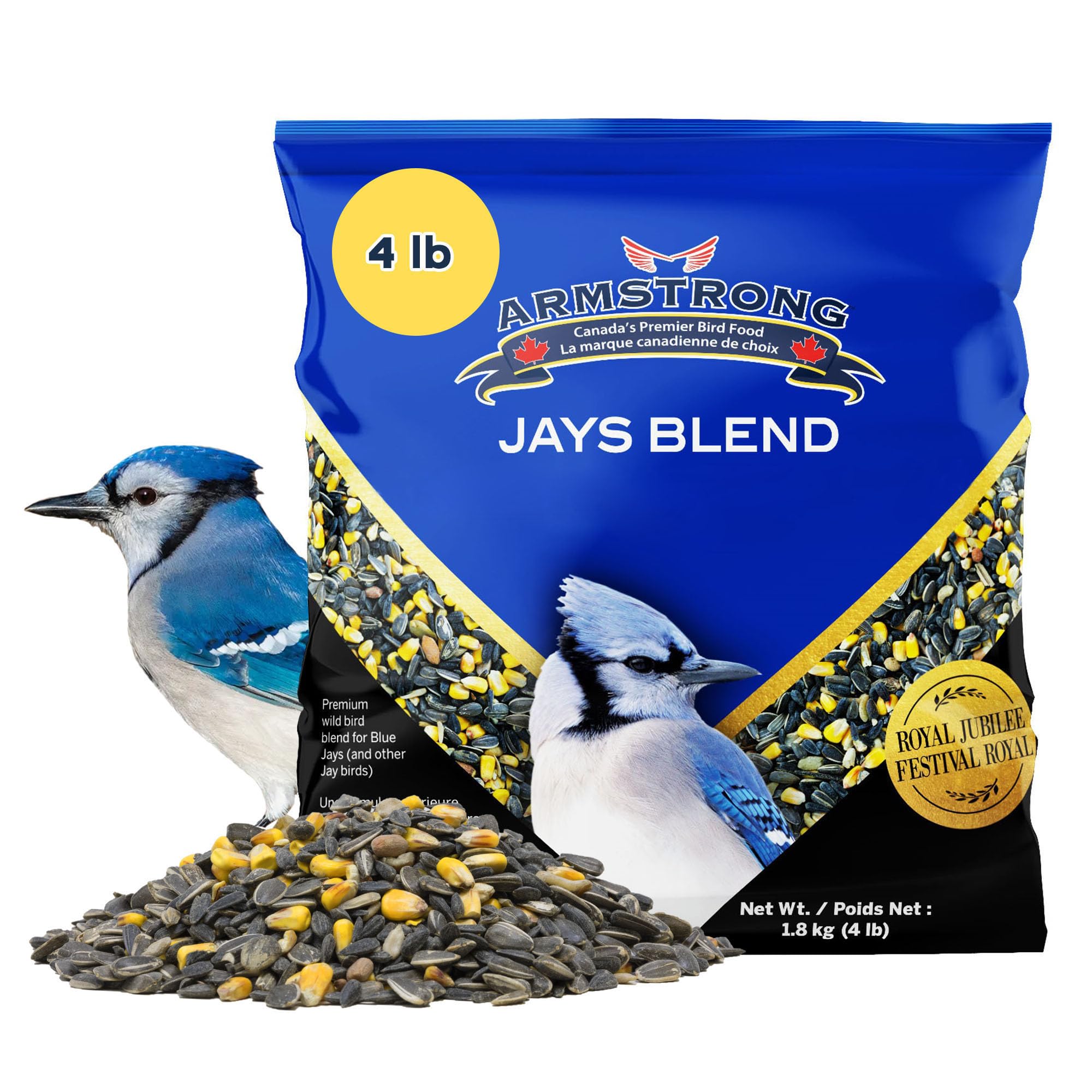 Armstrong Wild Bird Food Royal Jubilee Jays Blend, 4 Pounds - with Whole Corn, Striped Sunflower, Black Oil Sunflower and Peanuts for Blue Jays -