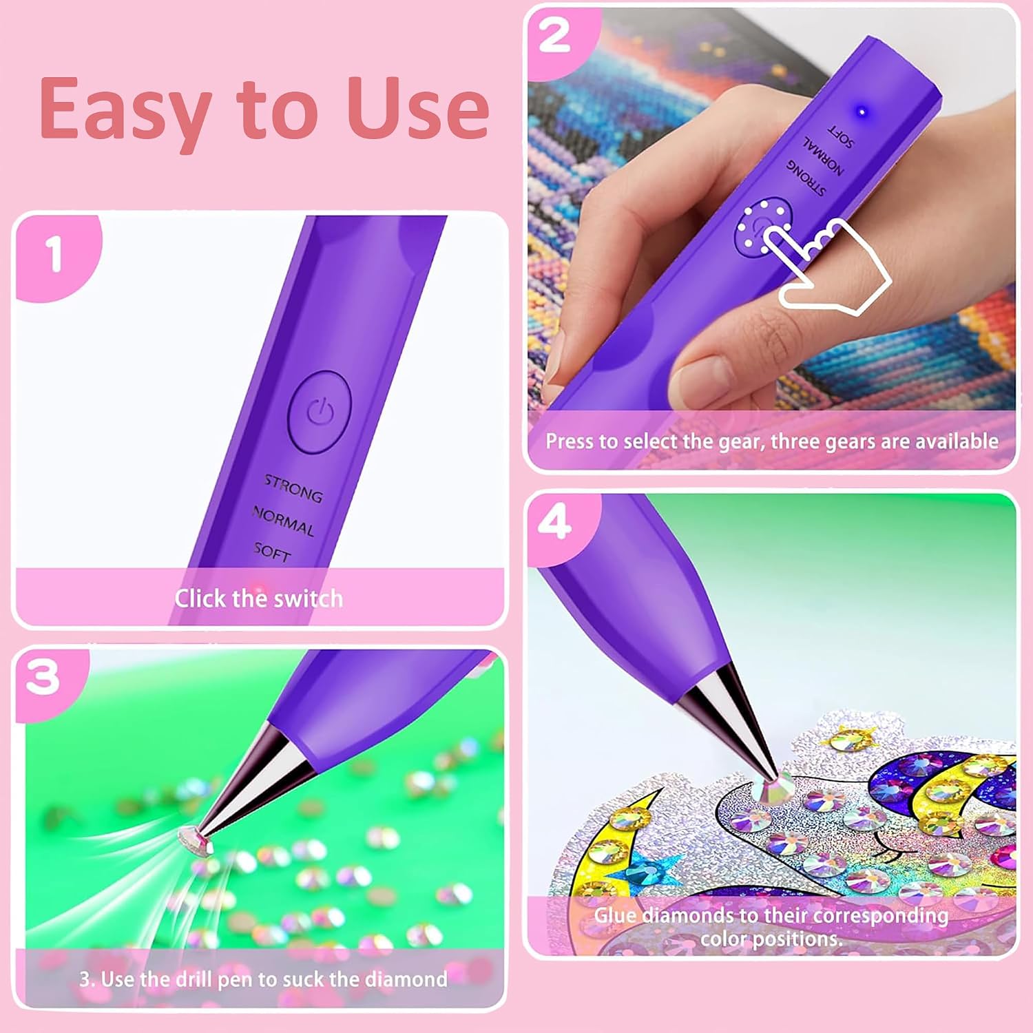 Electric Diamond Art Painting Pen with Vacuum Pump, 3 Adjustable Suction Level, Rechargeable Art Painting Pen with 4 Replaceable Tips No Wax Needed Great Gift for Diamond Art Lovers (Purple)