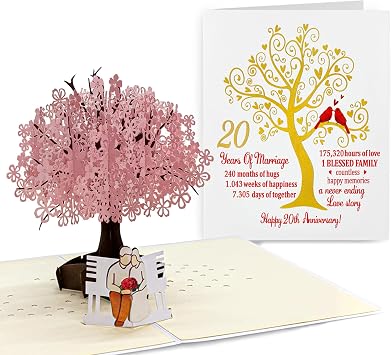 20th Anniversary Card - 20th Anniversary Card for Husband, Wife, Couple, Parents - China Wedding Milestone Pop-Up Cards with Love Story - 3D Cherry Blossom Tree with Couple on Bench