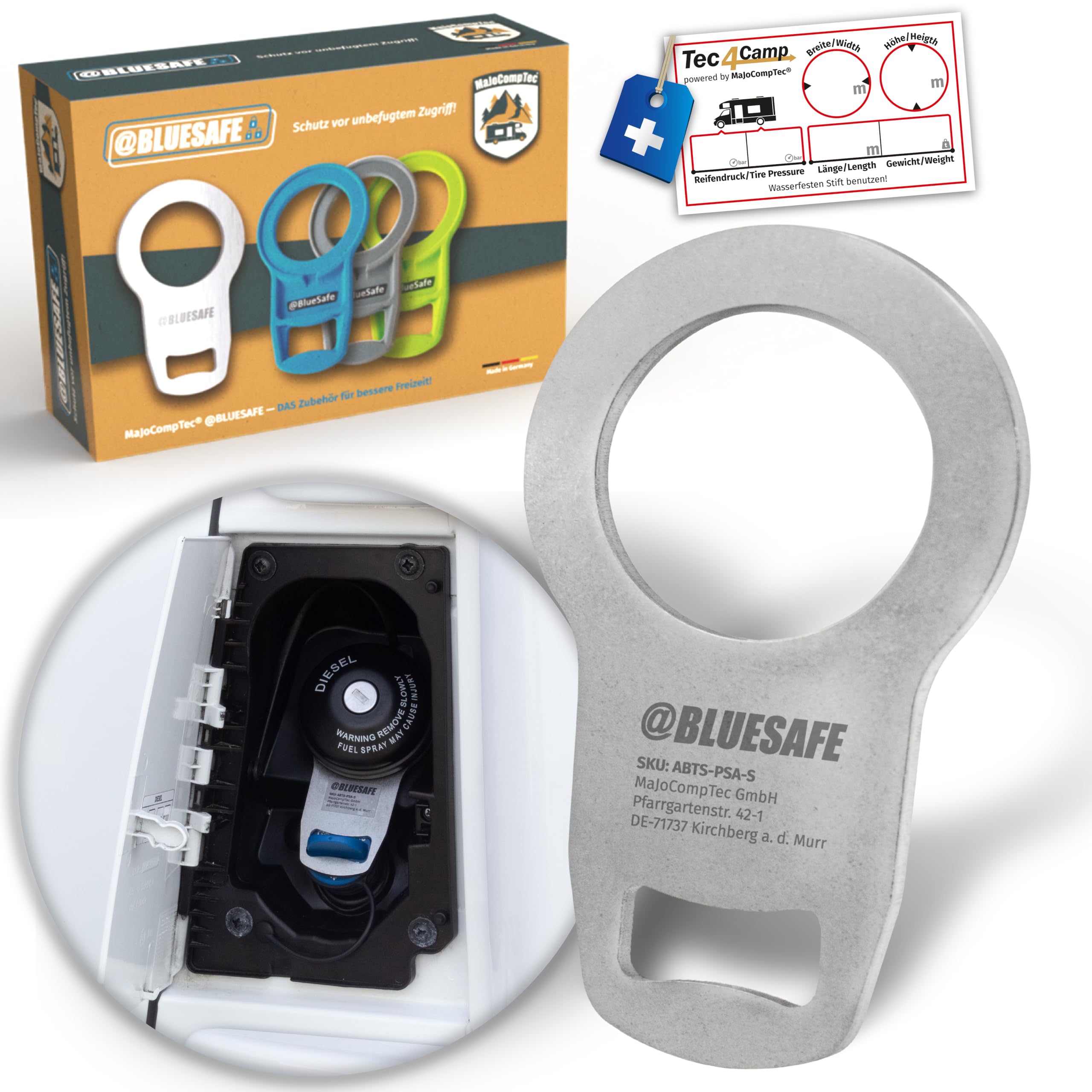 MaJoCompTec® ADBLUESAFE Zabezpieczenie korka wlewu paliwa, zabezpieczenie wlewu paliwa AdBlue, akcesoria do samochodów kempingowych (wersja ze stali nierdzewnej, bezpiecznik Boxer + Jumper + Ducato)