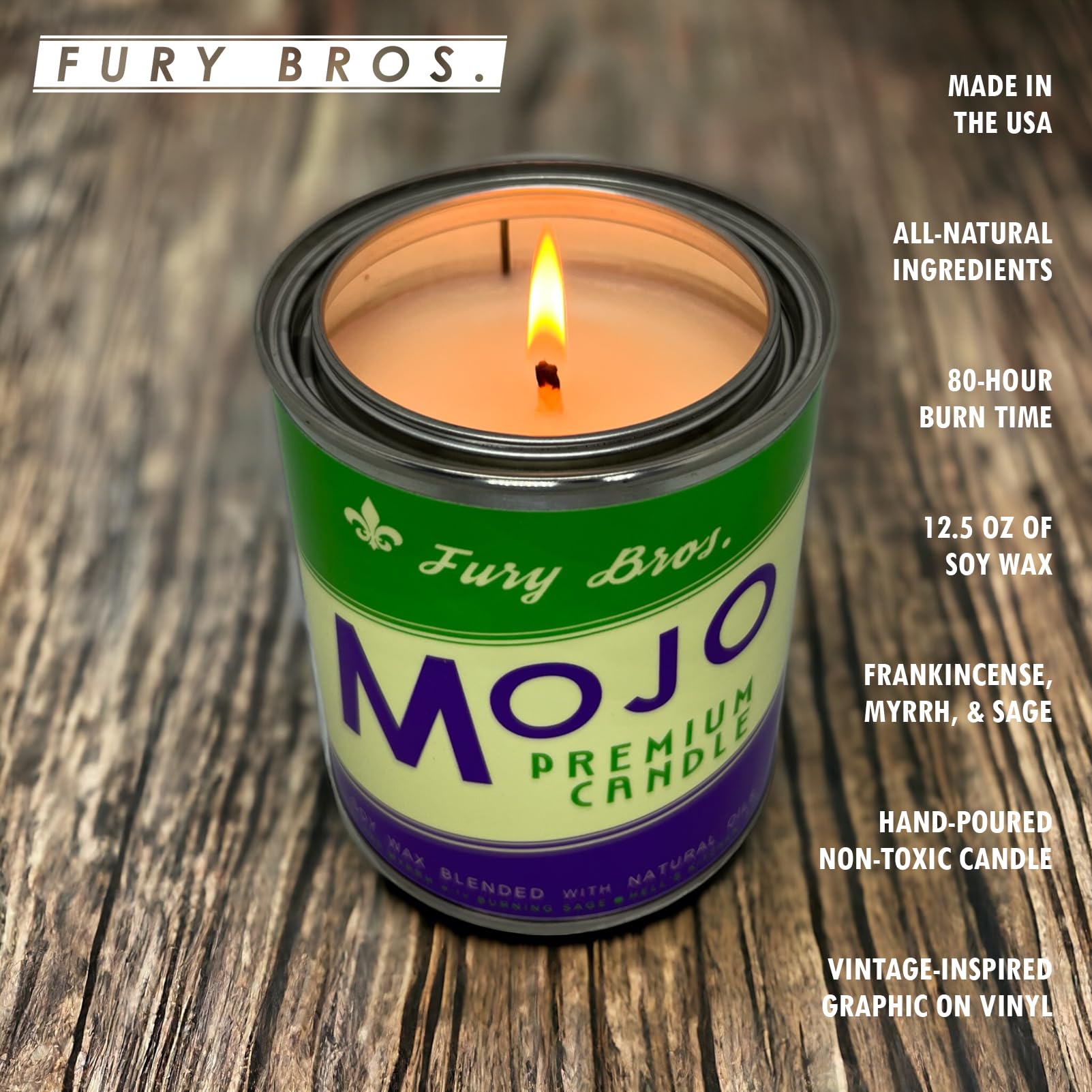 Fury Bros. Mojo Man candela profumata con note di incenso e mirra, brucia, salvia e legno di sandalo (1 pinta Slow Burning candela di soia)