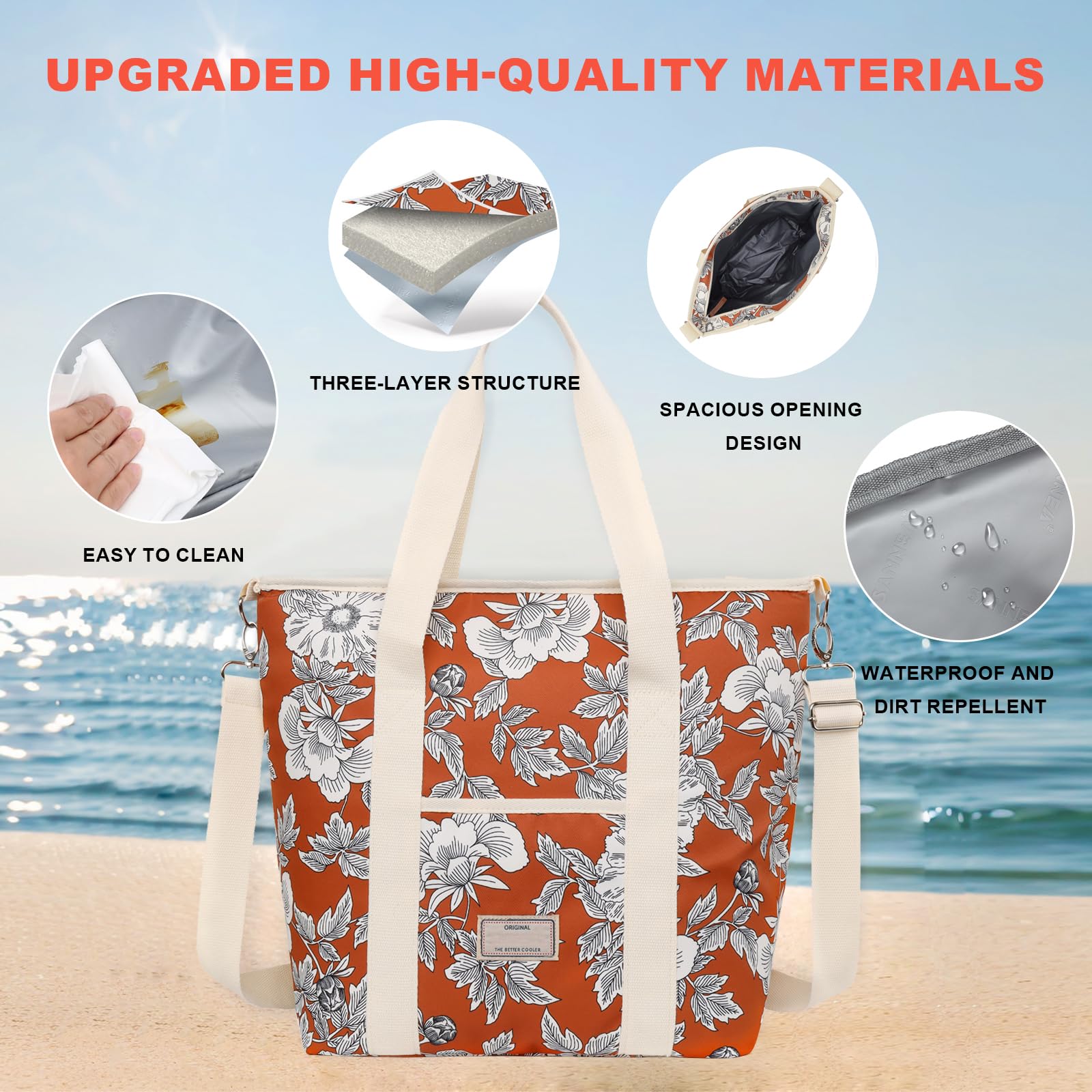 Nanxson 9L/15L/29L Large Insulated Lunch Bag for Women Adult Reusable Leakproof Picnic Lunch Box Freezable Cooler Tote Bag (29L,B-Orange Flower) - Image 4