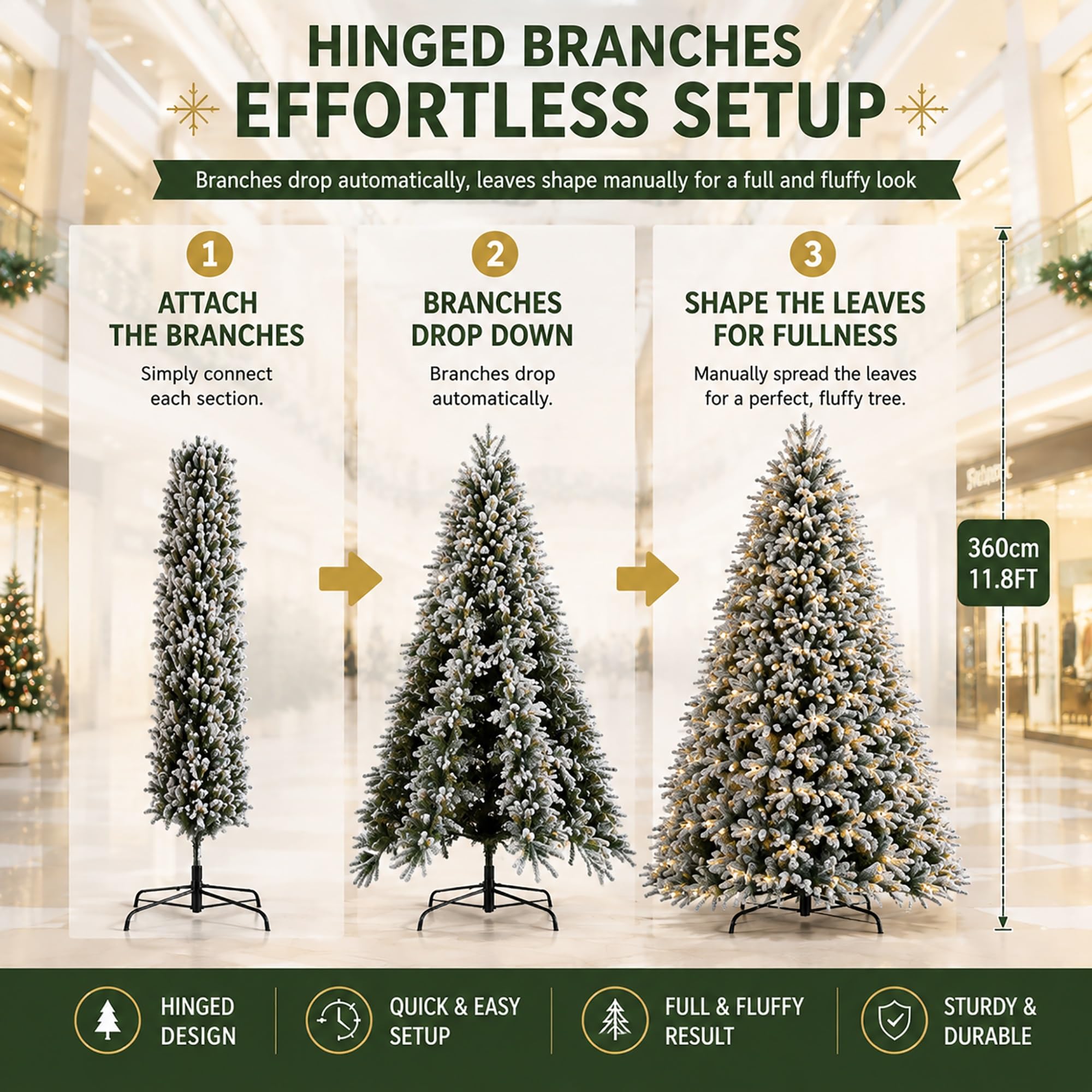 Árbol de Navidad Artificial de PE 360CM, Arbol Navidad Nevado Preiluminado
