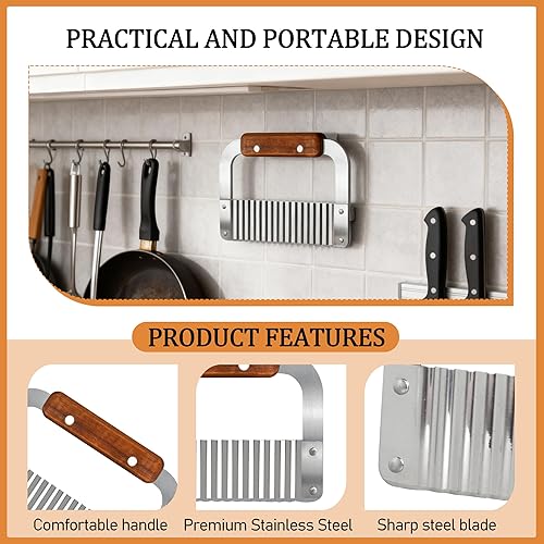 Miniatura 5 de Cortador de cocina para verduras y patatas, mango de madera, cortador de ondas de acero inoxidable, juego de 2