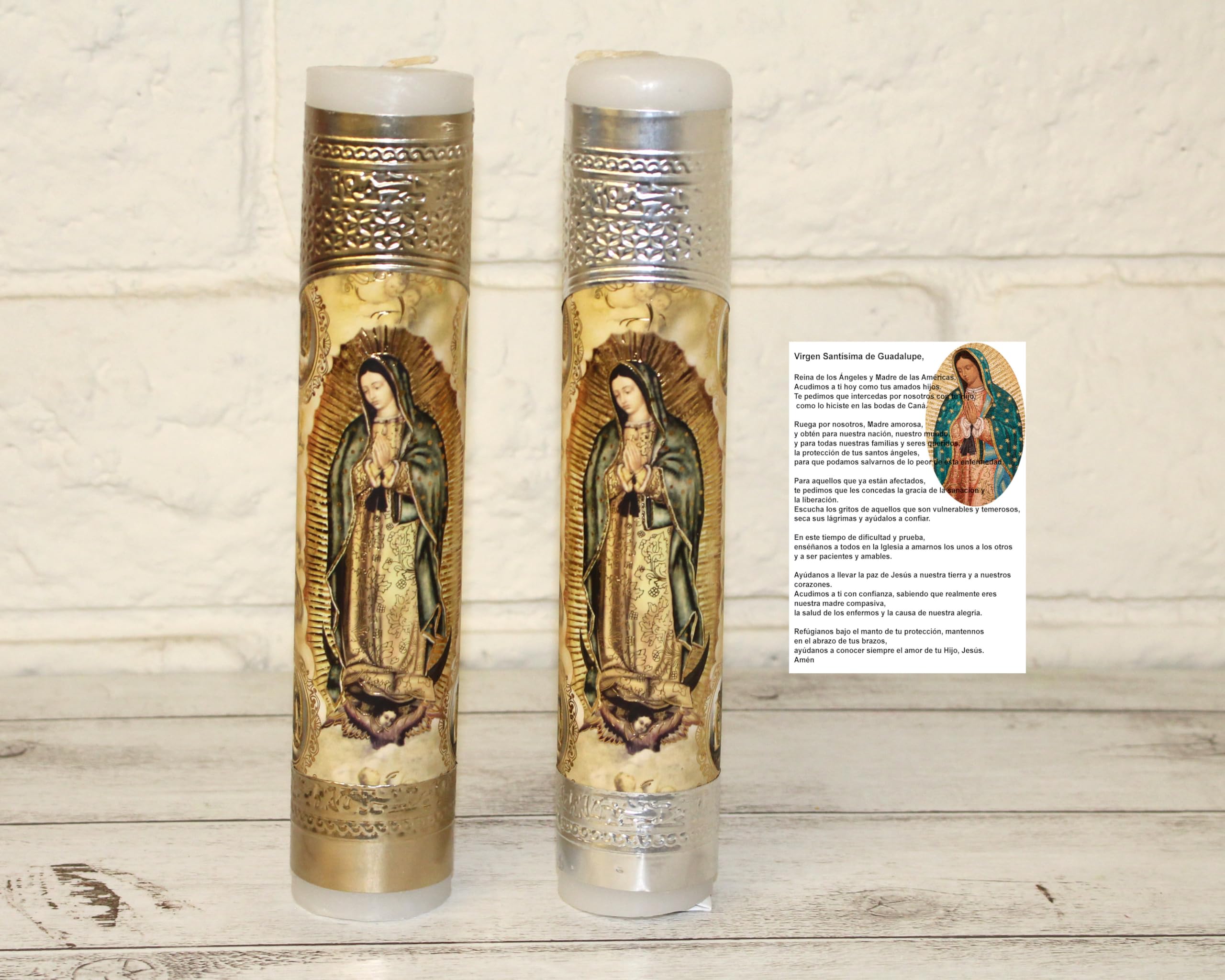 Elegant Gold or Silver Our Lady of Guadalupe Candle with Magnet Prayer Virgen de Guadalupe Handmade Prayer Vela Guadalupana Baptism Communion Devotional (Gold)