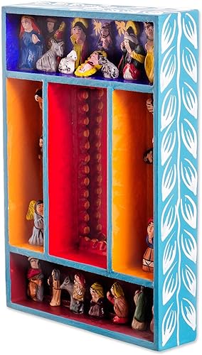 Miniatura 2 de NOVICA Espejo de pared de madera hecho a mano con temática de pesebre y cerámica de Perú, espejos decorativos multicolor Retablos Angel Folk Art