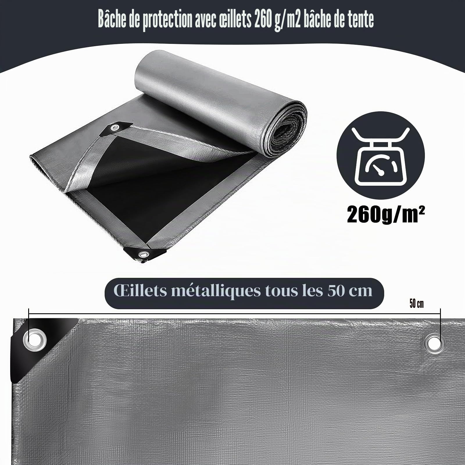 Bâche avec œillets - 260 g/m² - Imperméable - Protection - Bâche tissée - Universelle - Résistant à la déchirure - Résistant aux UV - Pour meubles de jardin, trampoline, toit, voiture, camion, bois