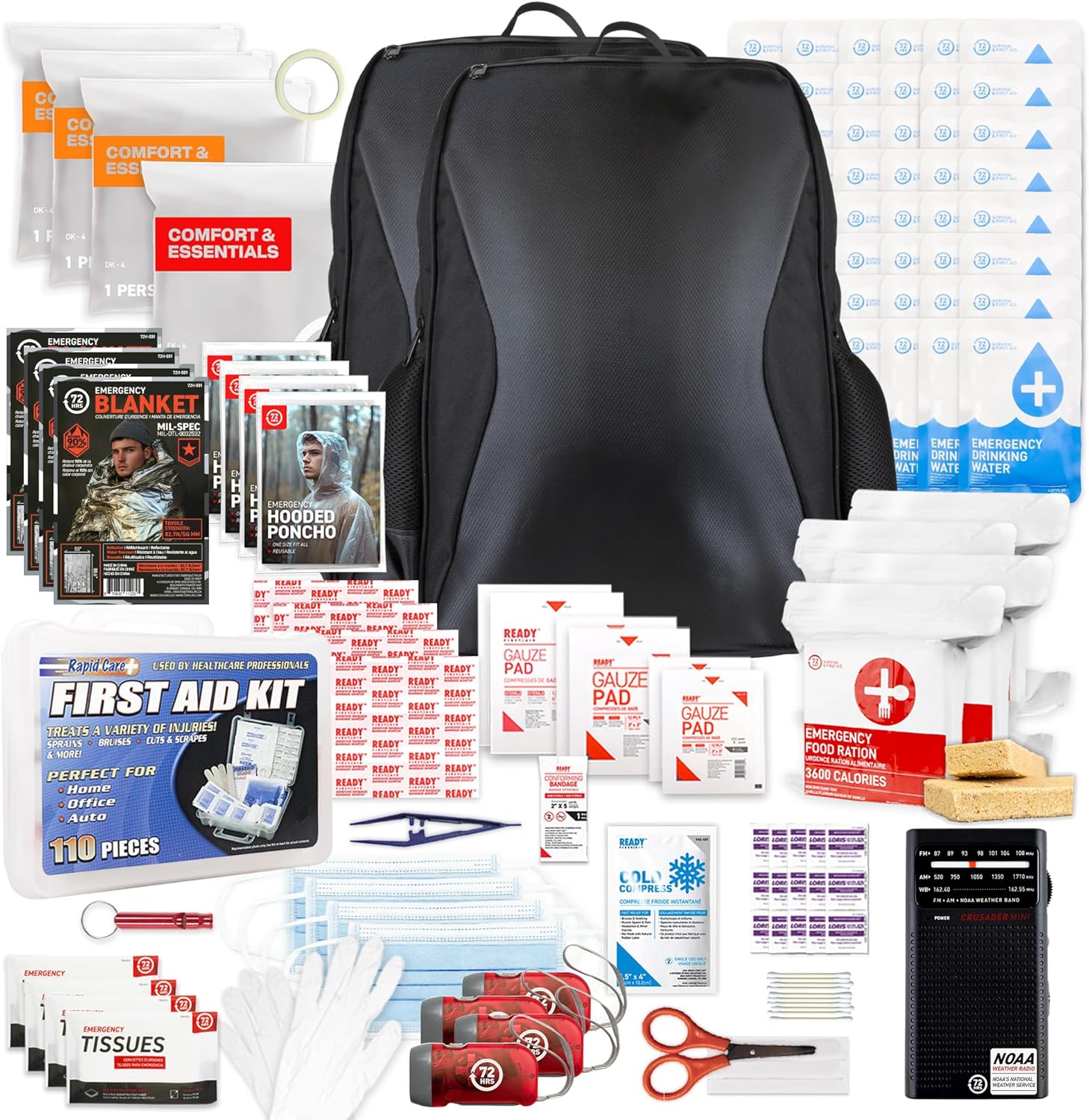 Earthquake Kit - 72 HRS Essential Emergency Survival Kit, Heavy Duty 72 Hour Bug Out Bag Survival Kit for Earthquake, Hurricane, Tsunami - Include Emergency First Aid Kit, Water, Food (Black 4P)