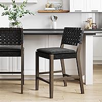 Nathan James Cohen Mid-Century Modern Counter Height Bar Stool, Black Faux Leather Seat, Solid Wood Frame, Footrest & Woven Back