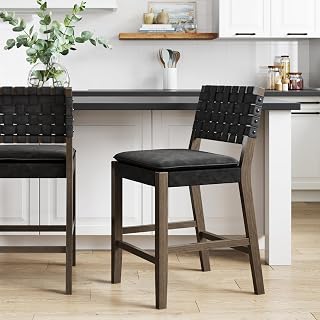 Nathan James Cohen Mid-Century Modern Black Leather Counter Height Bar Stool with Woven Back & Footrest