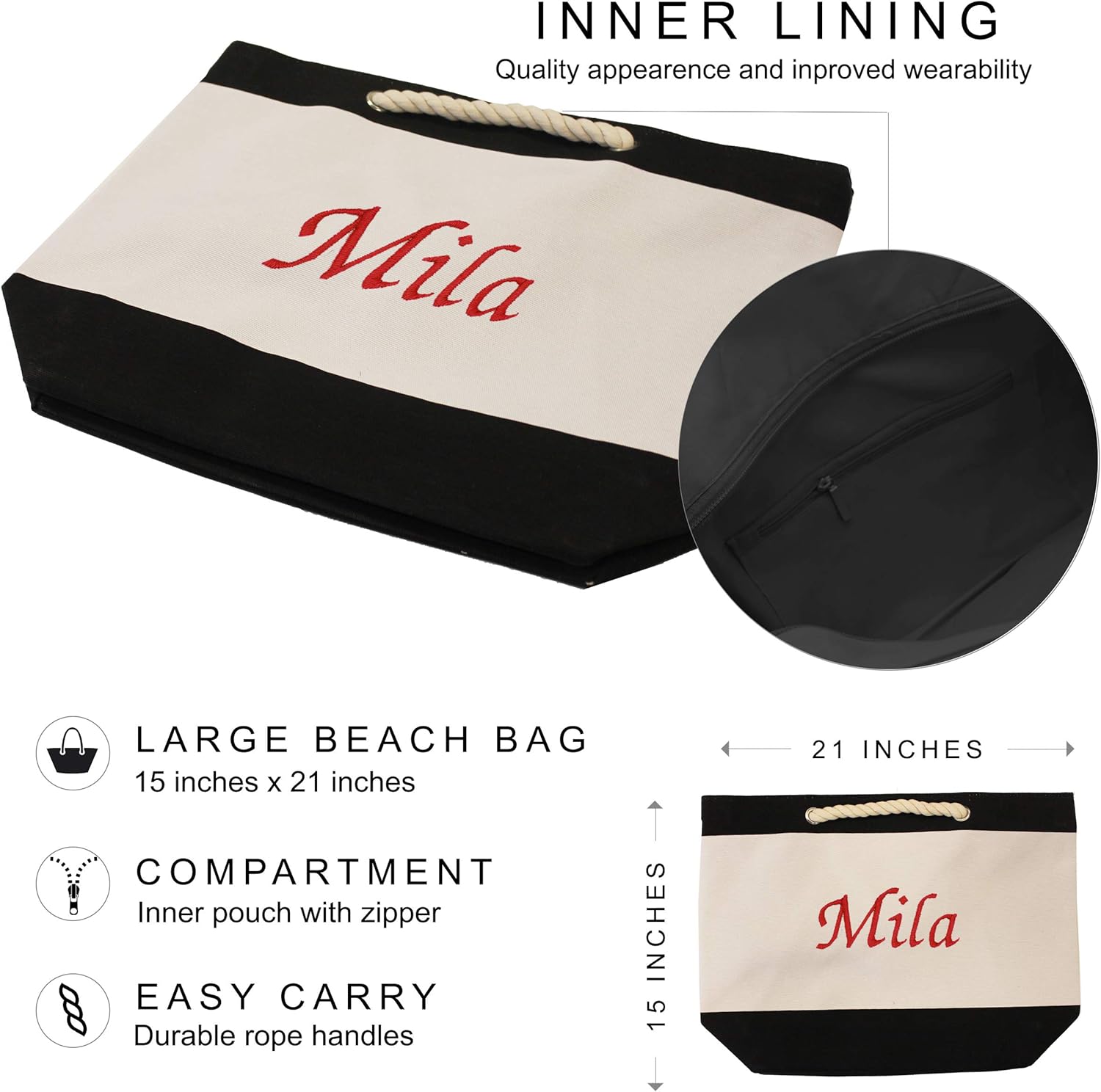 The Wedding Party Store Monogrammed Beach Tote Bag with Zipper, Pockets, Name or Initial - Custom Personalized