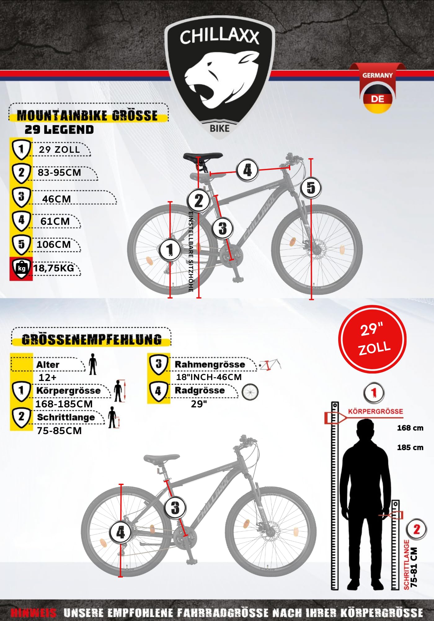 Chillaxx Bike Legend Aluminium 24, 26, 27,5 und 29 Zoll Shimano Mountainbike MTB Fahrrad für Jungen Mädchen Herren und Damen 21 Gang Schaltung Herrenrad Damenrad
