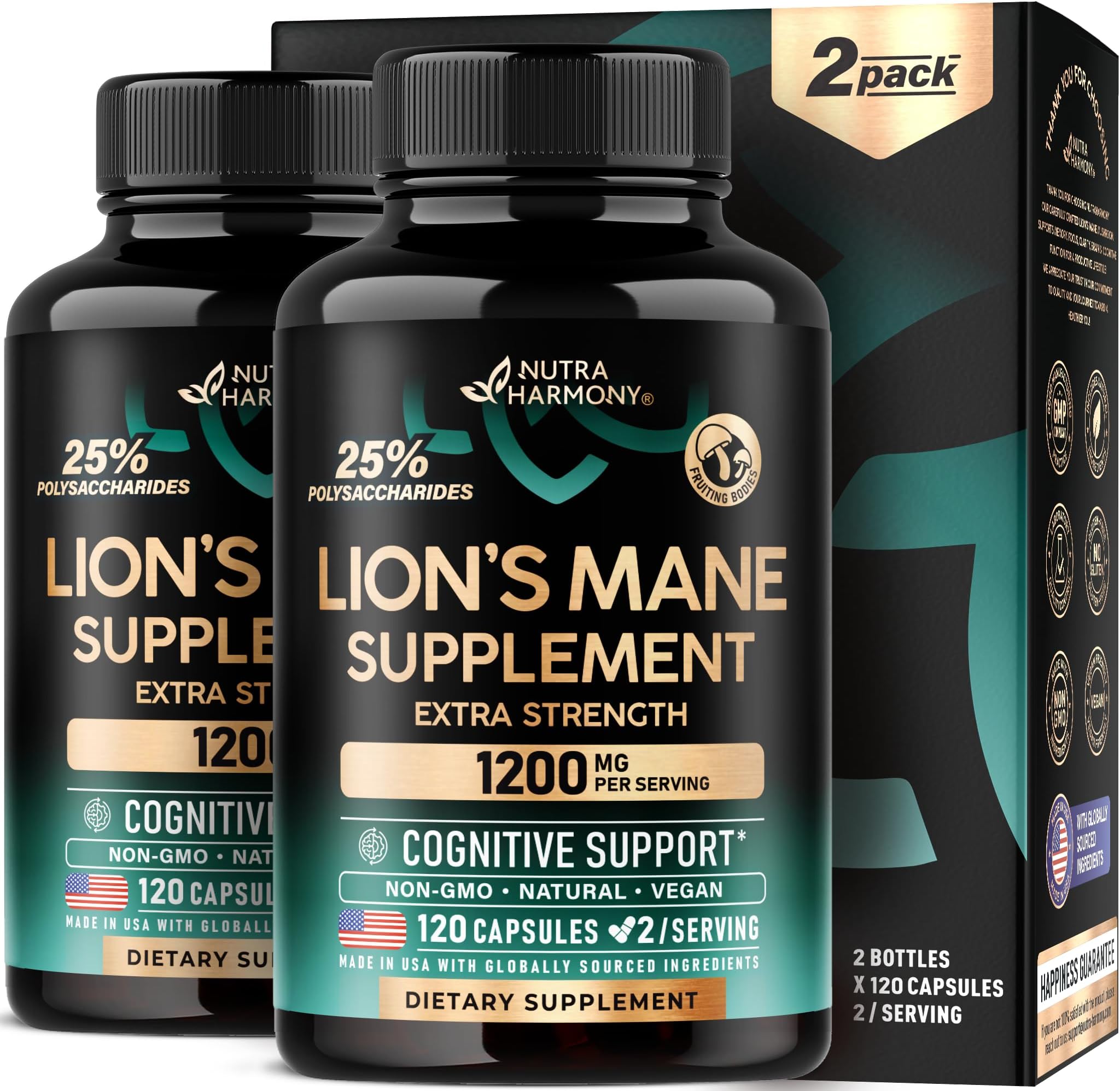 Lions Mane Supplement Capsules - Organic Lions Mane - Made in USA - Fruiting Bodies Extract - 1200 mg, 25% Polysaccharides - Memory & Focus Support - As Lions Powder - 120 Capsules, Pack of 2