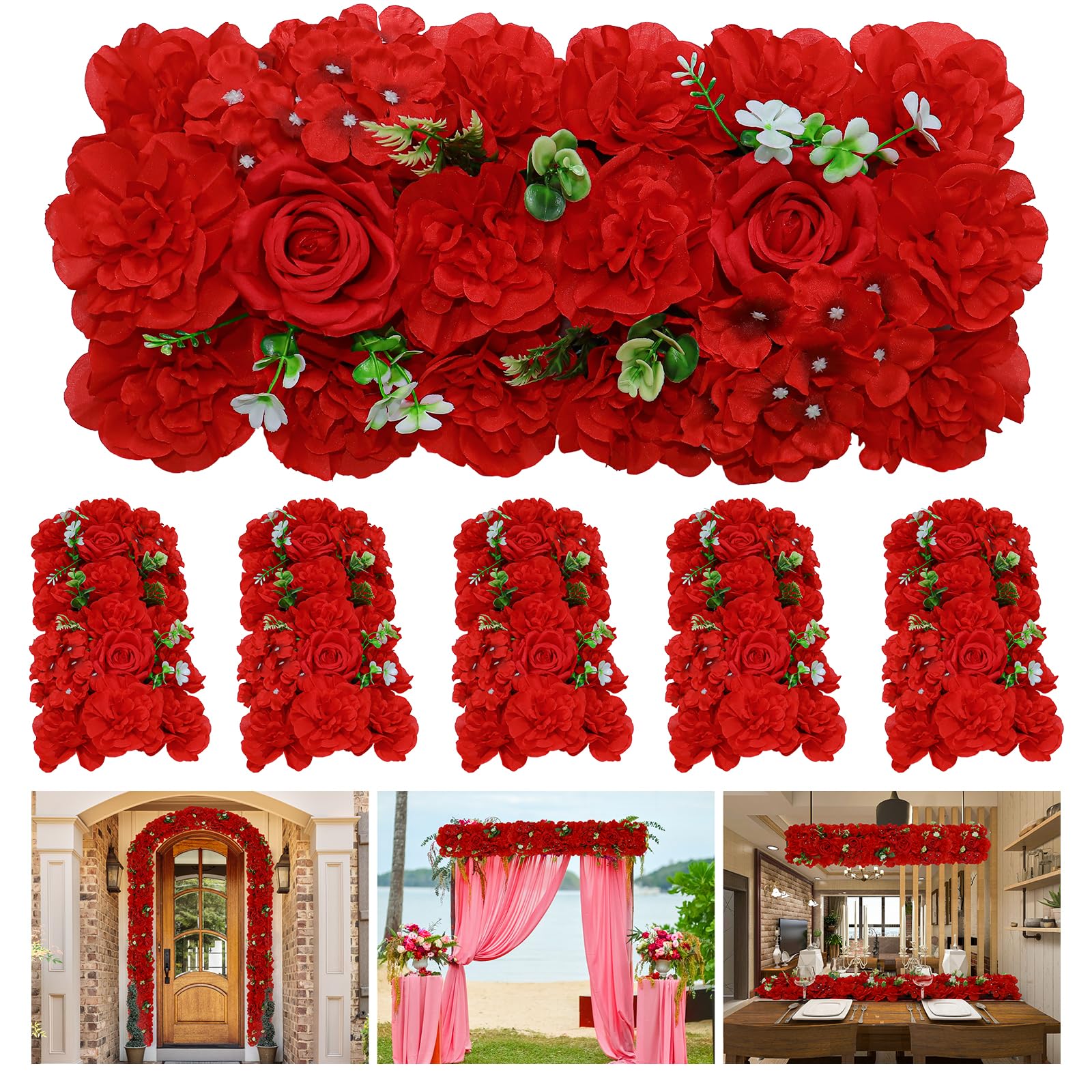 Wedding Arch Artificial Flowers - 6Pack Faux Floral Swags Silk Rose Realistic Arch Faux Hydrangea Row Arrangement for Christmas, Wedding Wall Reception Ceremony Welcome Sign Decoration -Red