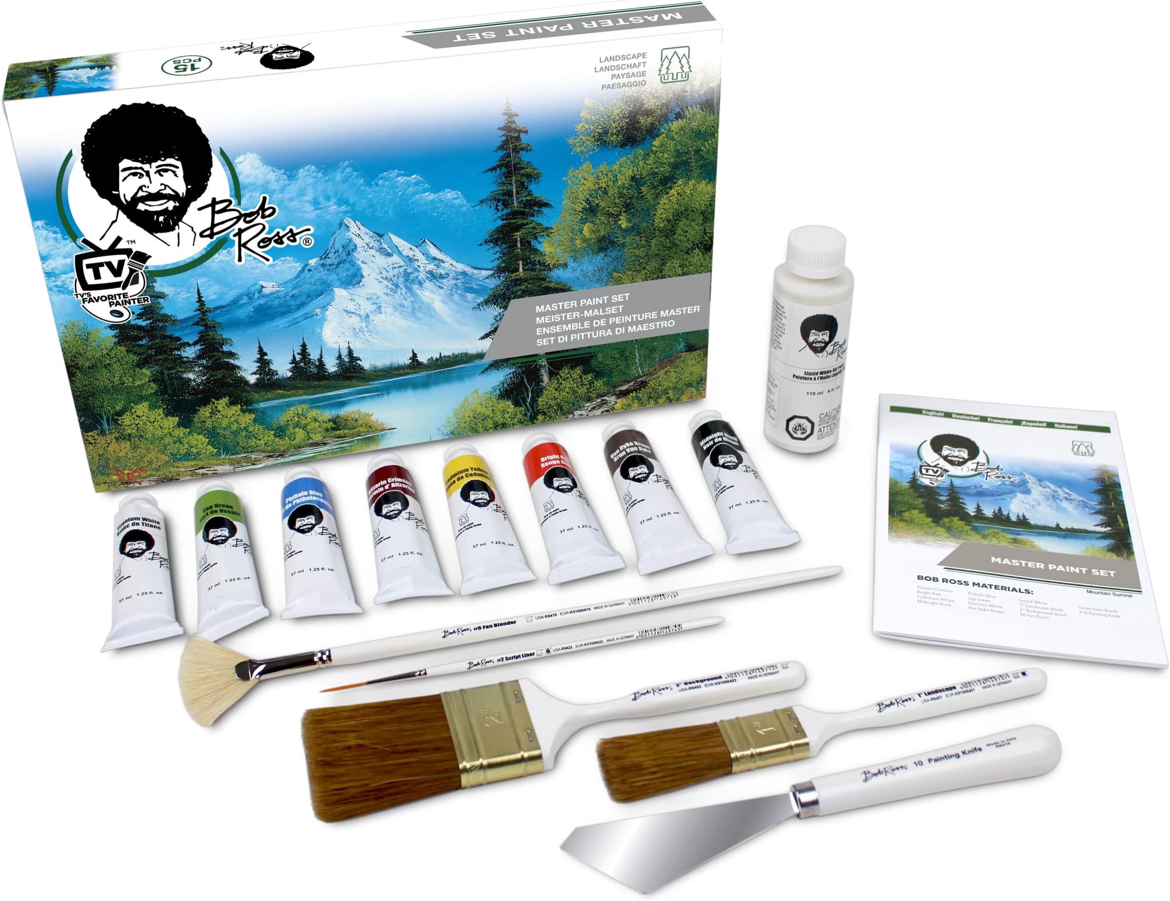 Bob Ross Meister Painting Set with Oil Paints and Brush - 15 Piece Set for Landscape Painting