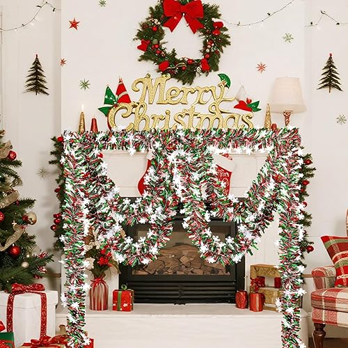 Miniatura 5 de FOIMAS Guirnalda de oropel de Navidad de 33 pies, guirnalda metálica de Navidad con copo de nieve blanco y colgante de techo para árbol de Navidad,