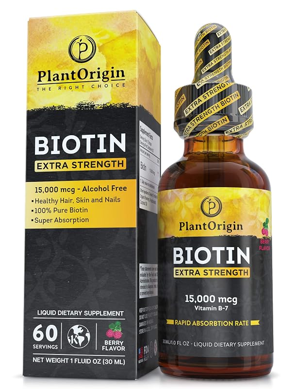 PLANTORIGIN Suplemento líquido para cabelos, pele e unhas com biotina B7 15.000 mcg, 60 porções