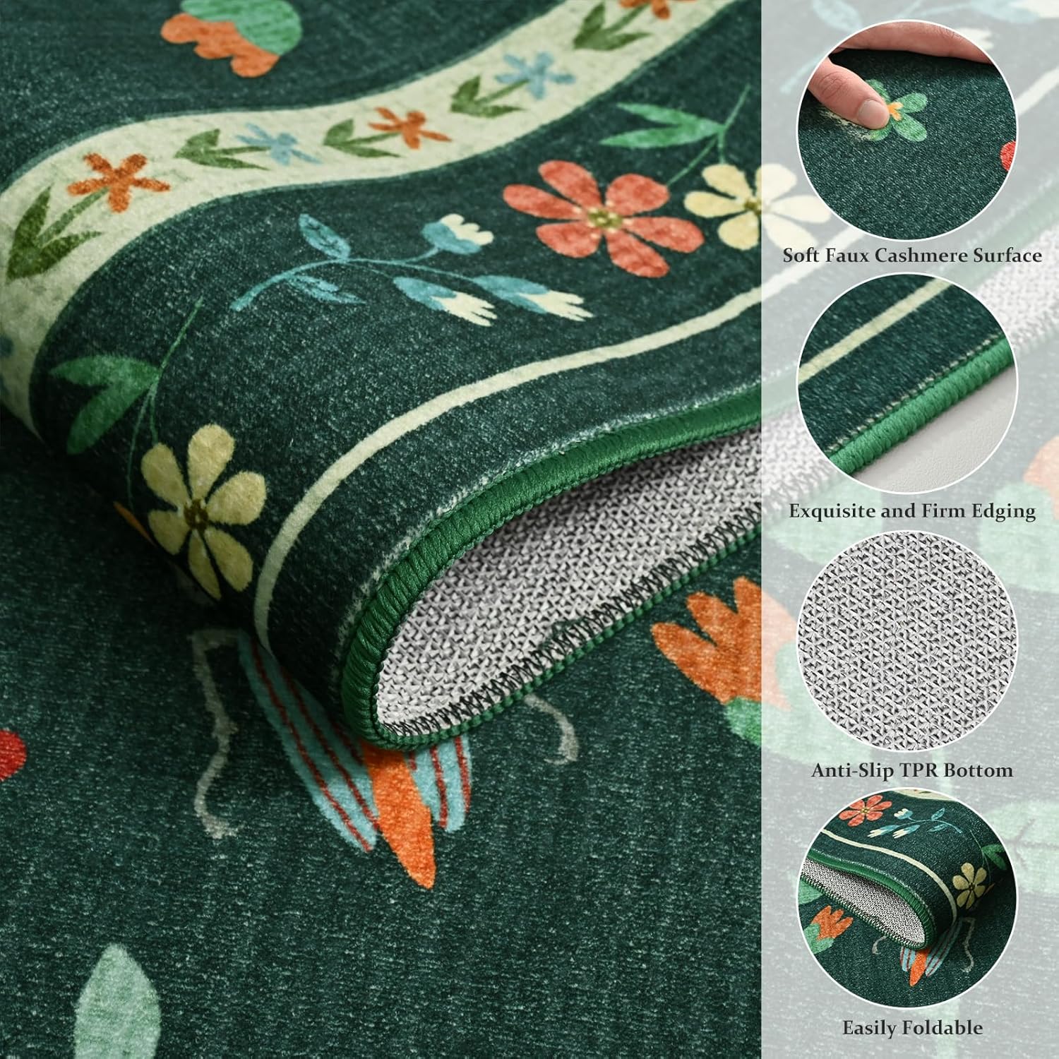 4x6 Area Rugs for Living Room Bedroom, Washable Butterfly Floral Insect Print Rug, Soft Ultra-Thin Non Slip Modern Carpet for Dining Office Kids Nursery Playroom Room Home Decor, Dark Green